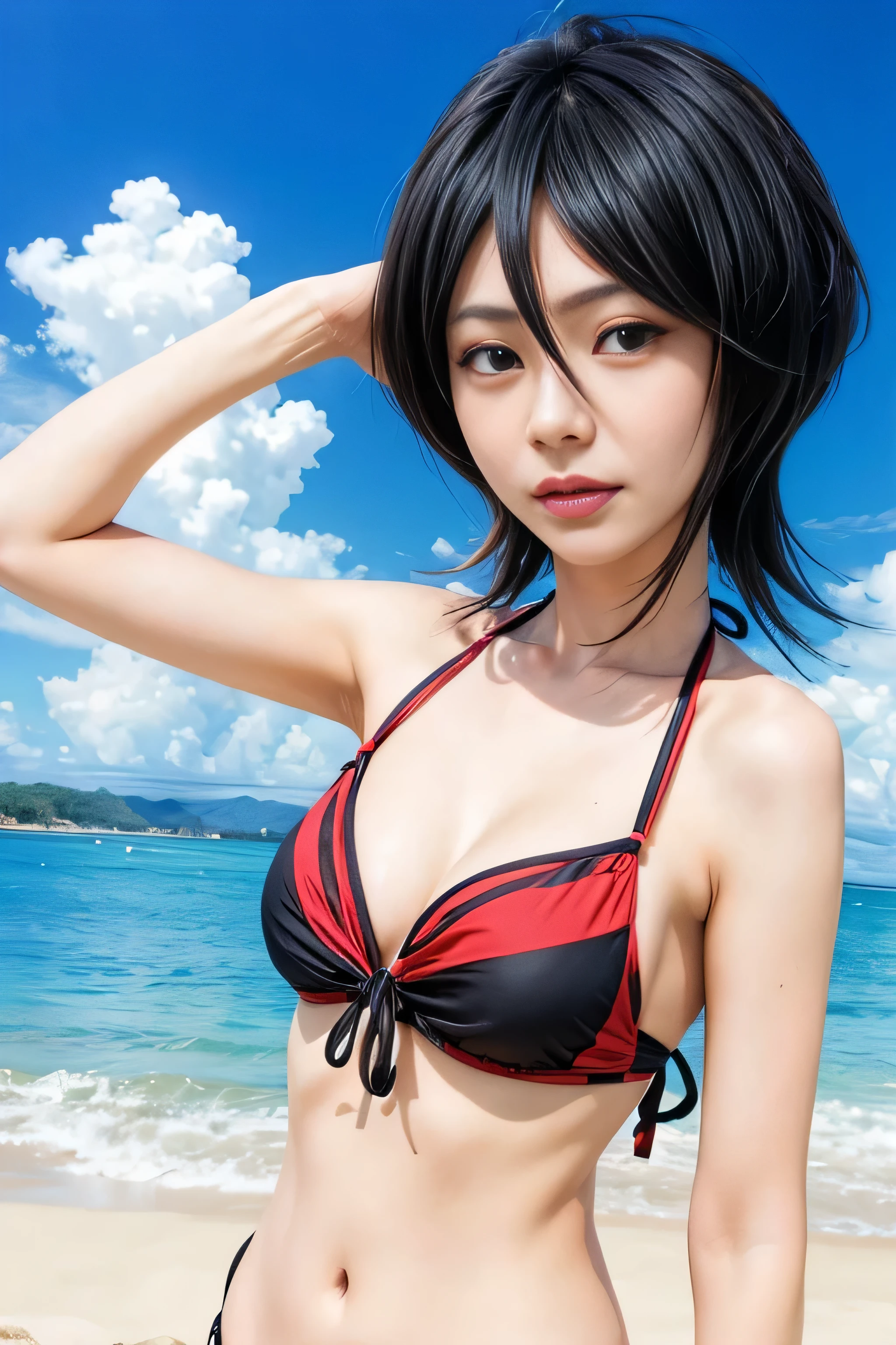masterpiece, best quality, (realistic,photo-realistic:1.4), (RAW photo:1.2), extremely detailed CG unity 8k wallpaper, delicate and beautiful, amazing,finely detail, official art, absurdres, incredibly absurdres, huge filesize, ultra-detailed,extremely detailed eyes and face,light on face,rukia kuchiki,(little smile),(black hair:1.4),(short hair:1.4),(wearing bikini:1.5),(small breast:1.3),nature