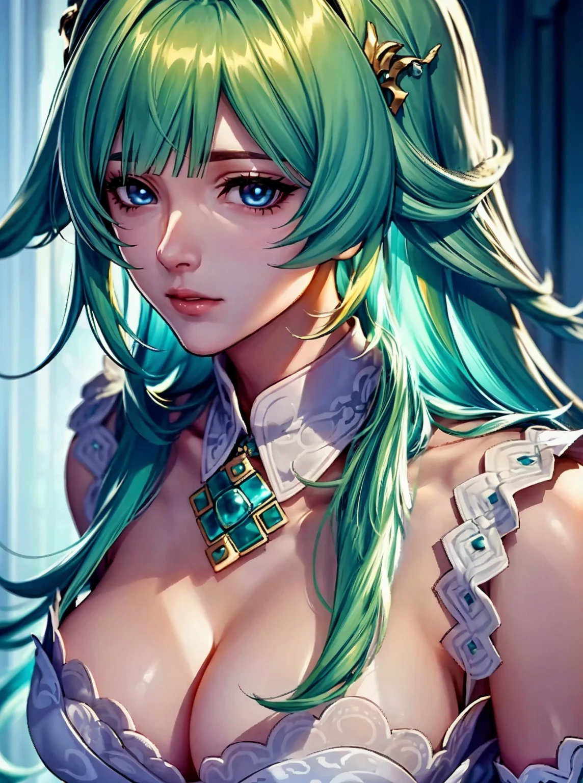 top-quality、tmasterpiece、Very high resolution、super high image quality、High-quality pixels)、perfect eyes, perfect face, perfect body figure，solo，8K, sizable breast，(Detailed description of hair), (Detailed description of face),(Detailed description of body), fair and clear skin, matchless beauty, long legged, light green hair details expressed, The details have been upgraded, light blue eyes, chinese style maid costume, maid hair band, Huohuo (Honkai Star Rail), proper light on face