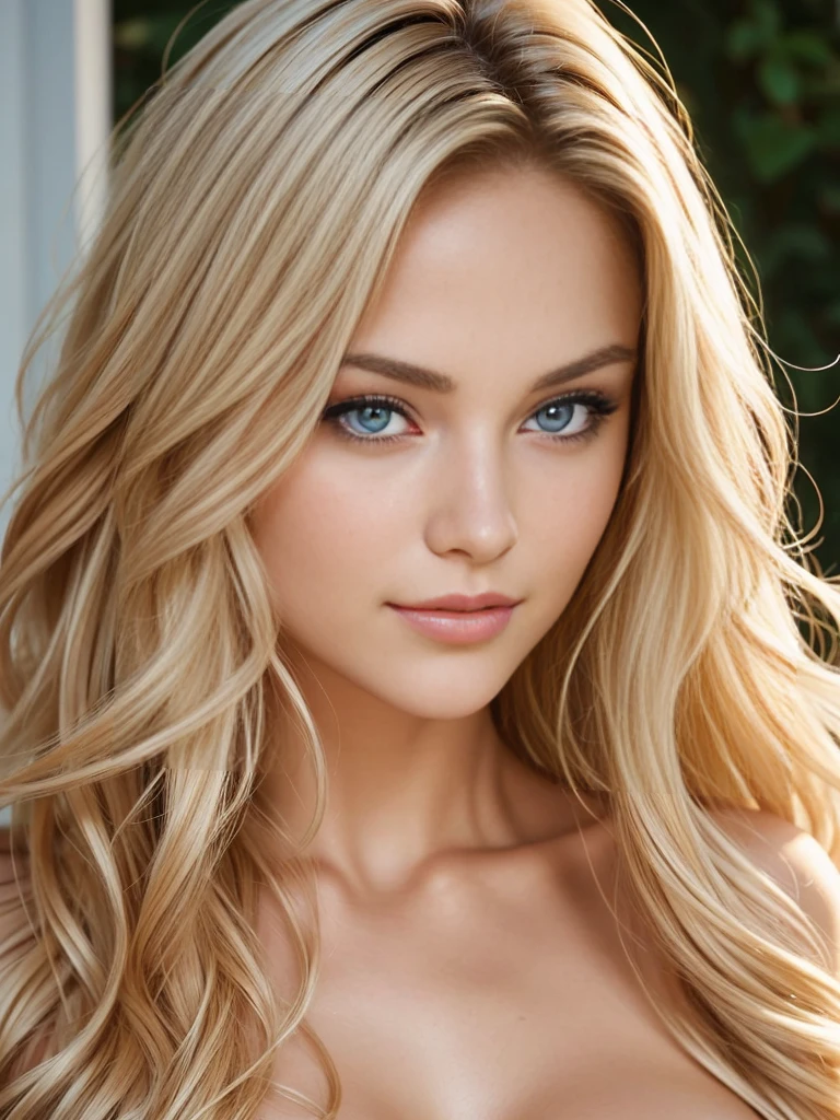 Extreme closeup portrait of an ultra hot gorgeous European woman.age 23. She’s a playmate and men magazine model. Blonde wavy hair. Naked. She flirts with camera.