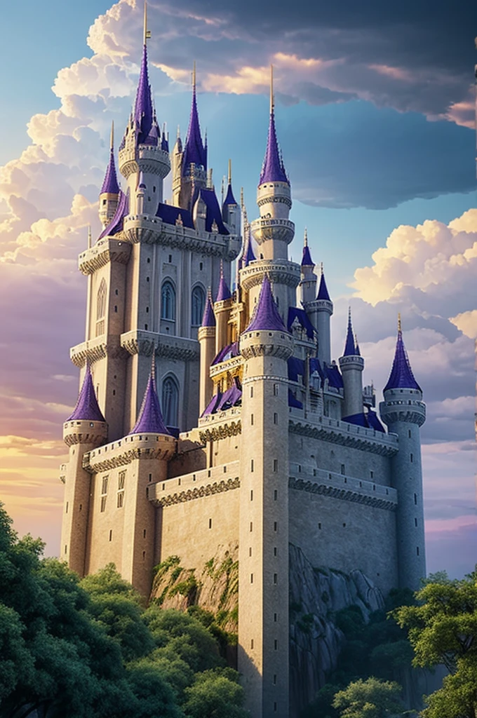 A very big castle, looks like a palace with three towers, long castle with color white, gold and purple. Fantasy like with thunder in the sky.