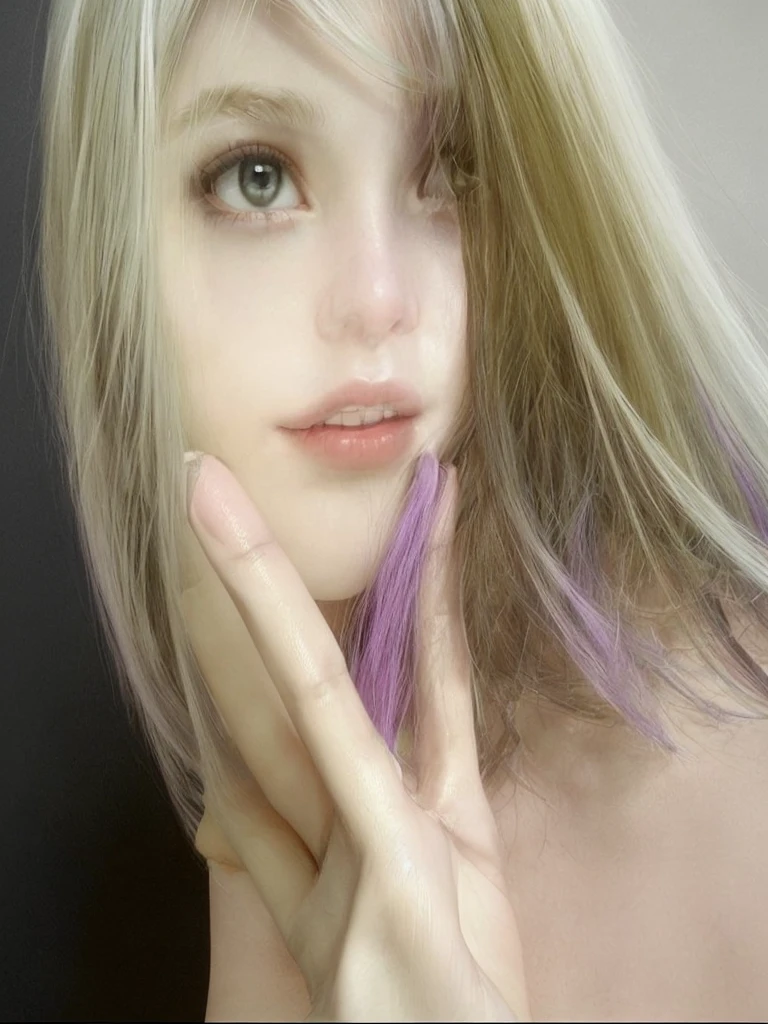 work of art,1 girl,standing alone, drlight smile, Metallic Necklace, white shirt, modern , Accessories, two-tone hair color in purple and black, unique hairstyle, fashionable, black backdrop