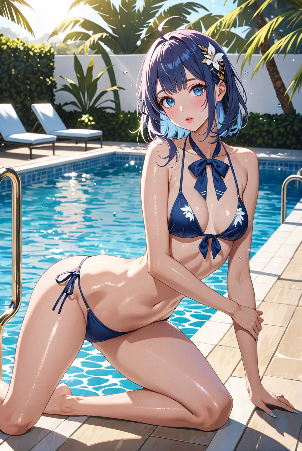 masterpiece、Highest quality、High resolution、Official artwork、back track rich，Shortcuts、Ahoge、Blue eyes、Glowing Skin、Light background、Topic Emphasis、Soft and natural lighting、Creating a dreamy and magical atmosphere。Daytime poolside、hair ornaments、鬠红、Closed lip makeup、lipstick、(Heavy makeup)、((Beautiful breasts、Small breasts))、High Leg、Wear a tie-side bikini、Kneeling、
