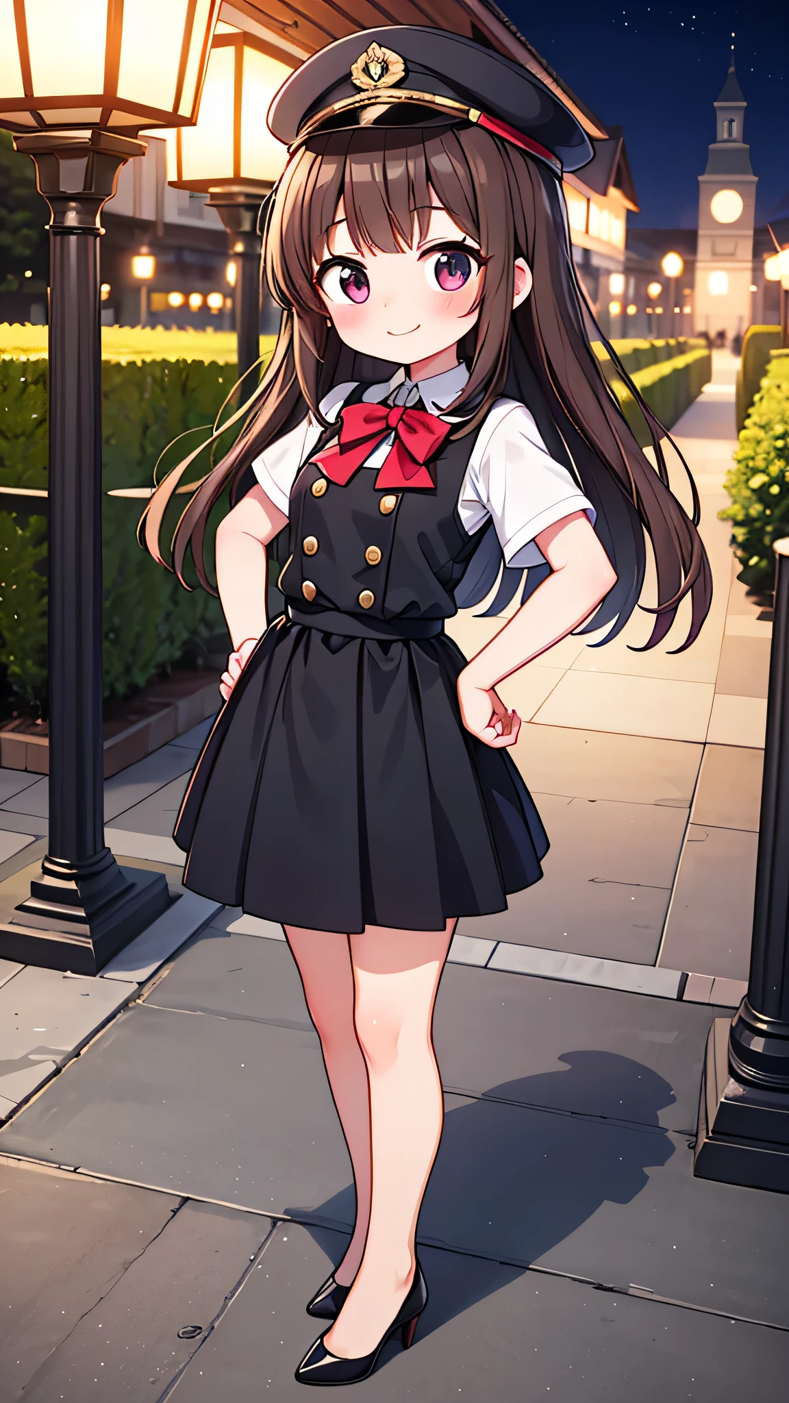 {Highest quality}, {Super beautiful},{Ultra fine},{Best illustration},Brown Hair,Hime cut,semi-long,Bangs,Standing Woman,Uniform cap,White Shirt,Short sleeve,Long black skirt,Night Park,Embarrassed,smilingly,Blushing,Slender women, A woman wearing plain black pumps,Bare feet and pumps,From an angle,From above,Place hands on hips,slouch