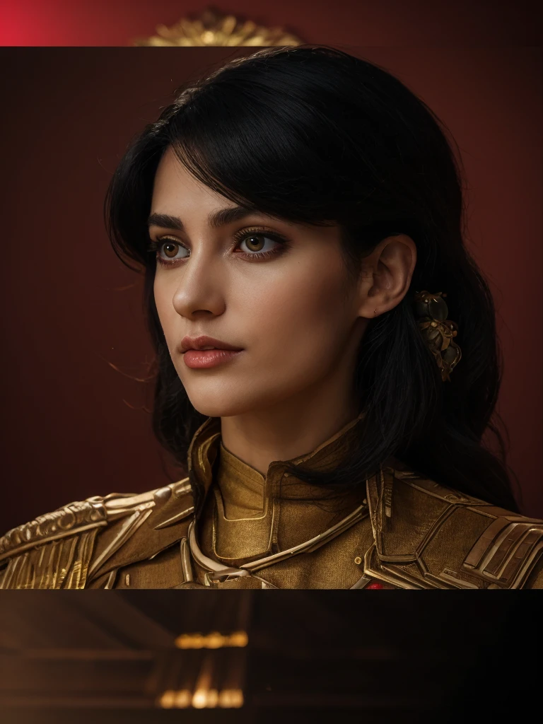 Best quality, masterpiece, ultra high res, (photorealistic:1.5), raw photo, 1 mature Ancient European Orthodox girl, white kimono, in the dark, deep shadow, low key, cold light, ???? look, black hair with Byzantium style Empress crown (((black hair))), bright eyes, yin sanpaku eyes, eyeshadow, (((plain red background))), cinematic studio lighting