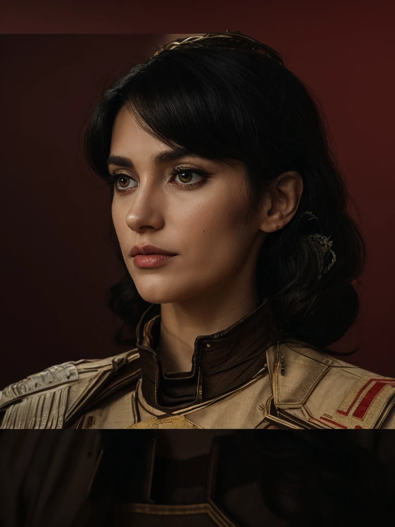 Best quality, masterpiece, ultra high res, (photorealistic:1.5), raw photo, 1 mature Ancient European Orthodox girl, white kimono, in the dark, deep shadow, low key, cold light, sexy look, black hair with Byzantium style Empress crown (((black hair))), bright eyes, yin sanpaku eyes, eyeshadow, (((plain red background))), cinematic studio lighting
