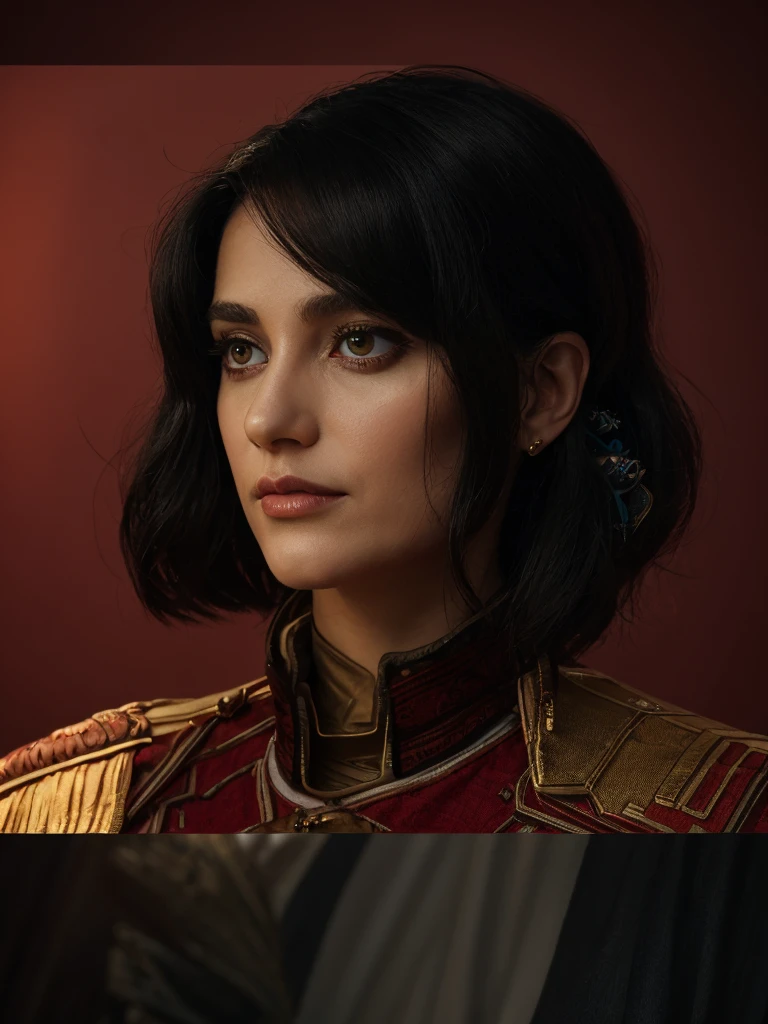 Best quality, masterpiece, ultra high res, (photorealistic:1.5), raw photo, 1 mature Ancient European Orthodox girl, white kimono, in the dark, deep shadow, low key, cold light, sexy look, black hair with Byzantium style Empress crown (((black hair))), bright eyes, yin sanpaku eyes, eyeshadow, (((plain red background))), cinematic studio lighting