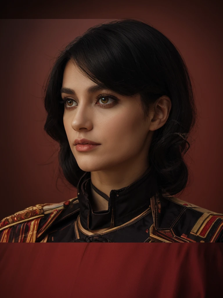 Best quality, masterpiece, ultra high res, (photorealistic:1.5), raw photo, 1 mature Ancient European Orthodox girl, white kimono, in the dark, deep shadow, low key, cold light, sexy look, black hair with Byzantium style Empress crown (((black hair))), bright eyes, yin sanpaku eyes, eyeshadow, (((plain red background))), cinematic studio lighting