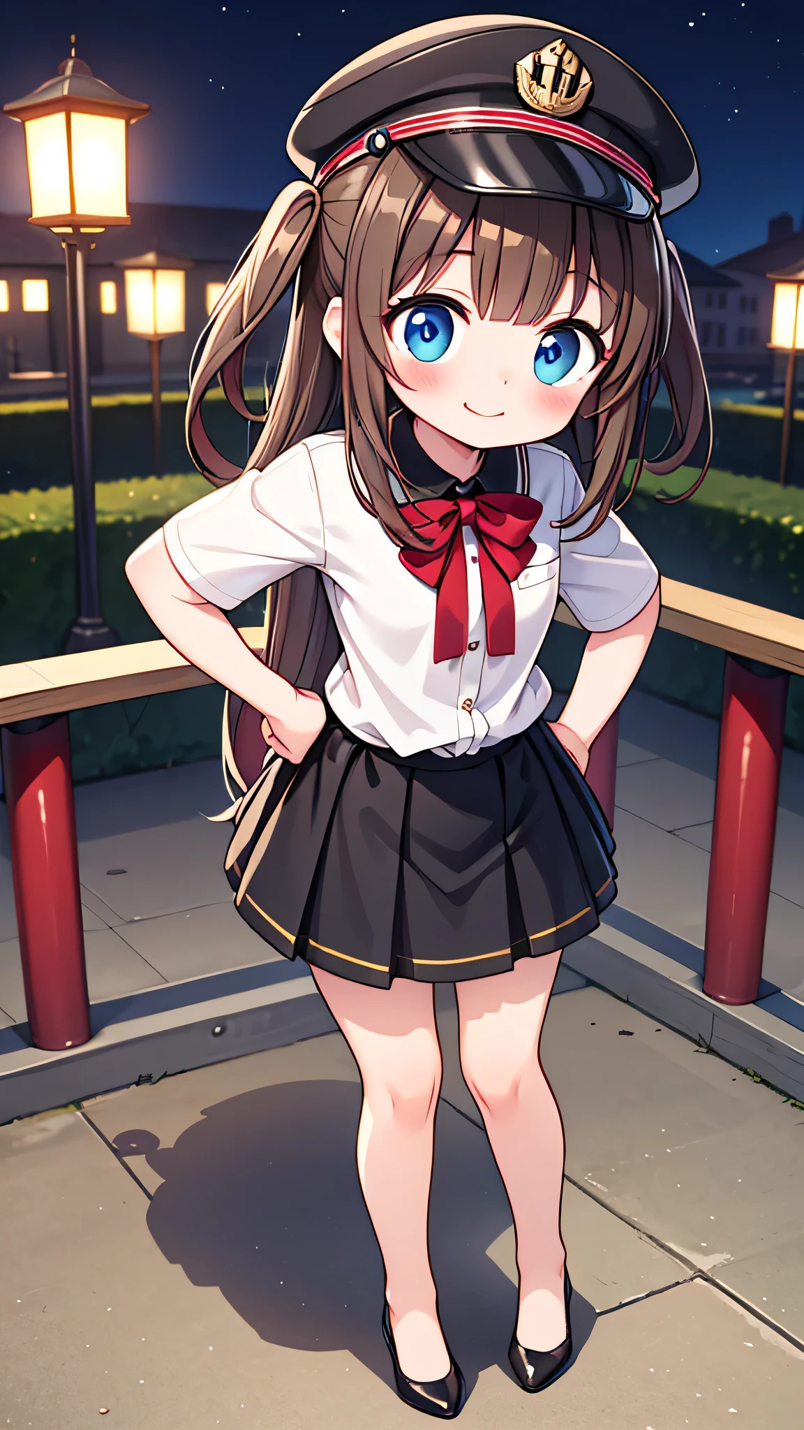 {Highest quality}, {Super beautiful},{Ultra fine},{Best illustration},Brown Hair,Hime cut,semi-long,Bangs,Standing Woman,Uniform cap,White Shirt,Short sleeve,Long black skirt,Night Park,Embarrassed,smilingly,Blushing,Slender women, A woman wearing plain black pumps,Bare feet and pumps,From an angle,From above,Place hands on hips,slouch