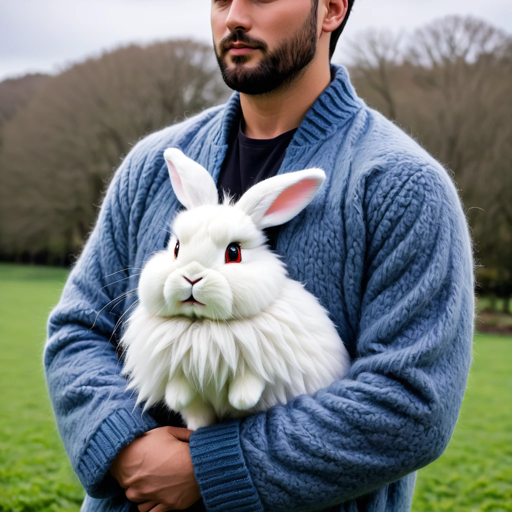 fluffy wool rabbit on a man's hand, pastel by Matt Cavotta, Reddit, Happens, fluffy mane, fluffy ears and long, tufty whiskers, furry face, the Good ny has pink fur, she has a cute face, with long floppy rabbit ears, Goodny head, Good ), floppy bunny ears, Beautiful, Cute