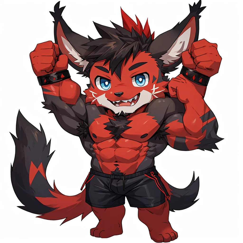 ((Furry lynx cat)), ((chibi)), chibi, chibi, chibi, chibi, body fully covered in black fur, ((fully covered in black fur)), ((black fur)), sharp fangs, sharp teeth, summer shorts outfit, cute, blue eyes, red chest hair, red eyebrows, red armpit hair, black nose, black tail, black tail with red tip, red whiskers, happy, smile, correct Anatomy, correct hand, ((white background)), (Acting happy), (hands up), enjoy, ((front view)), full body, sexy, (flexing), (muscle), black tail, black tail red tail tip, red eyebrows, red chest hair, red armpit hair, chibi, chibi, chibi, chibi