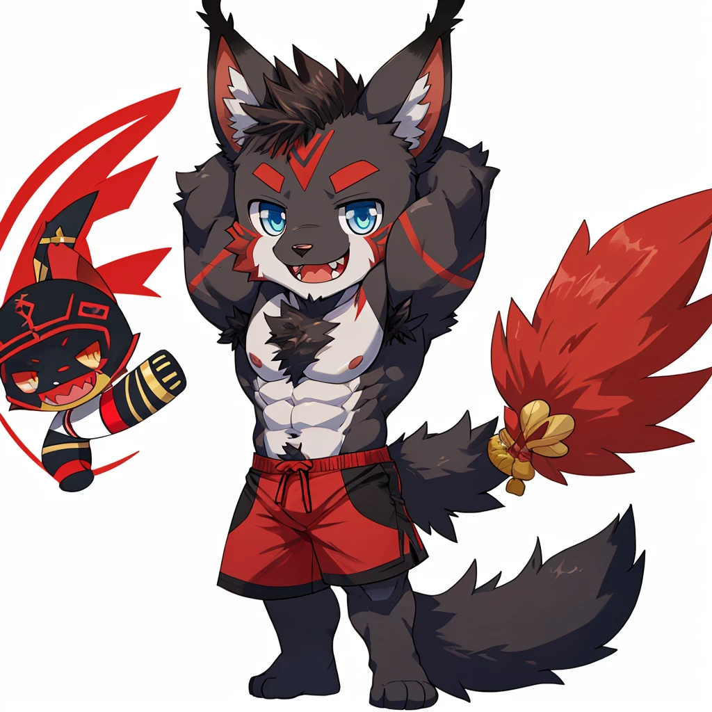 ((Furry lynx cat)), ((chibi)), chibi, chibi, chibi, chibi, body fully covered in black fur, ((fully covered in black fur)), ((black fur)), sharp fangs, sharp teeth, summer shorts outfit, cute, blue eyes, red chest hair, red eyebrows, red armpit hair, black nose, black tail, black tail with red tip, red whiskers, happy, smile, correct Anatomy, correct hand, ((white background)), (Acting happy), (hands up), enjoy, ((front view)), full body, sexy, (flexing), (muscle), black tail, black tail red tail tip, red eyebrows, red chest hair, red armpit hair, chibi, chibi, chibi, chibi