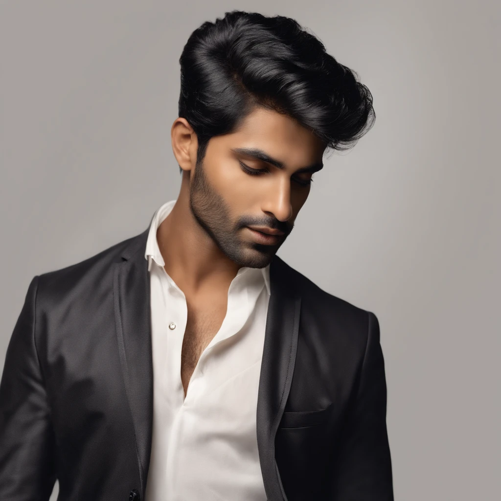 Attractive young Indian man with silkyblack hair in a side profile view, eyes cast downward with a contemplative look, photorealistic high-quality image