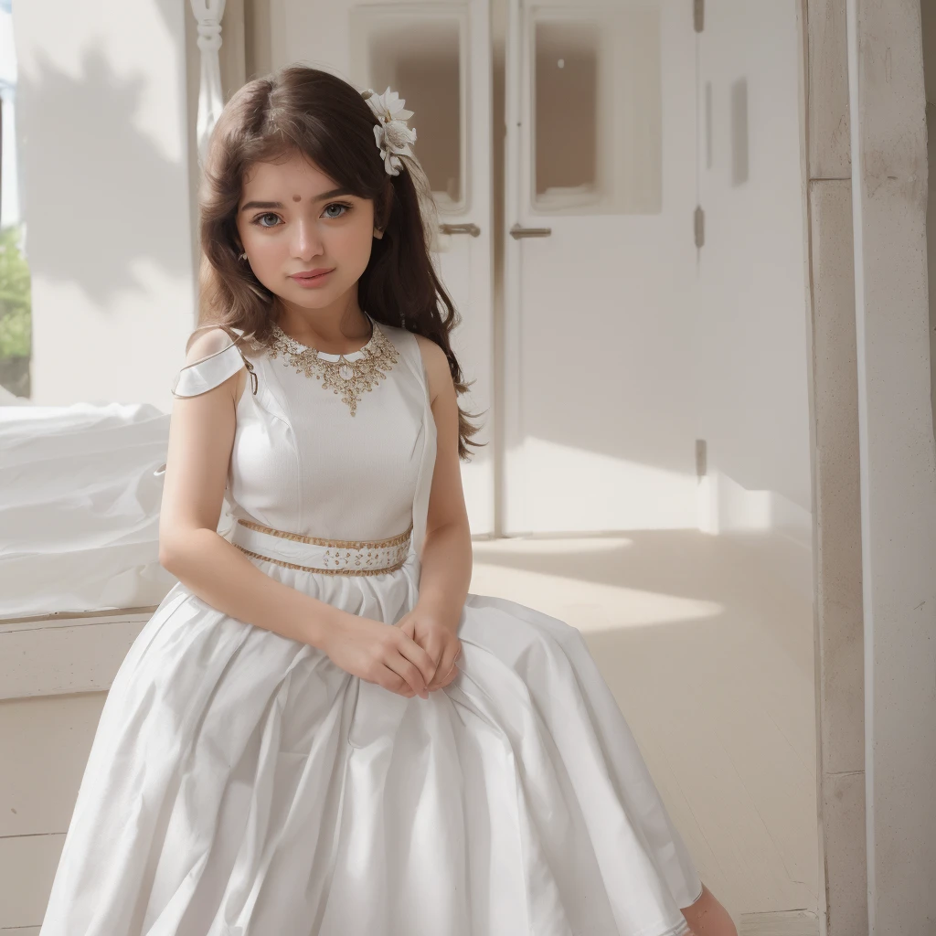 georgeous 10 year old white child girl, very very long black hair, hair in high ponytail, ribbons, wearing tight short tiny white satin night dress, headband, stockings, super realistic, lente 55 mm abertura f/1.8,with background of bedroom