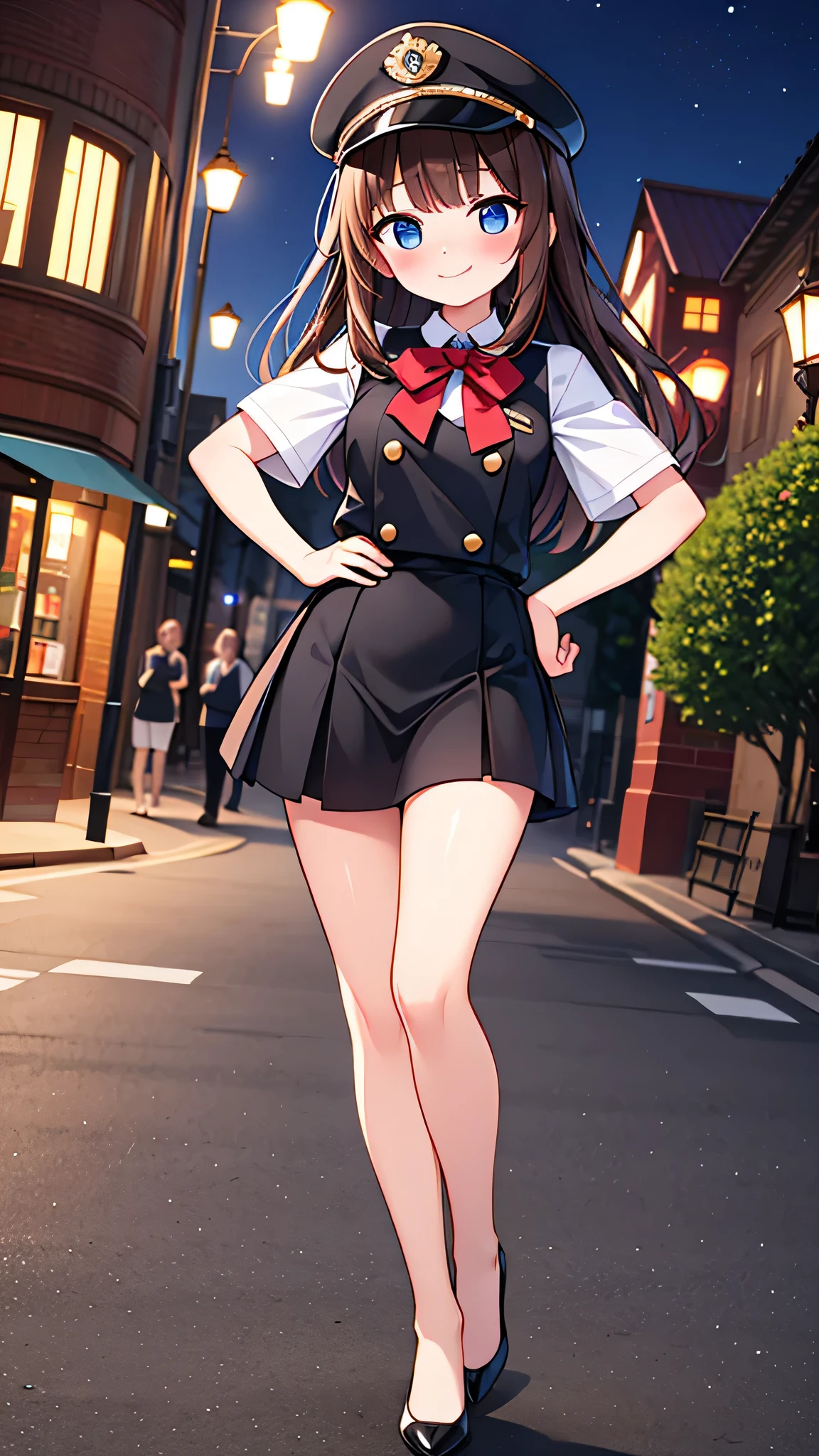 {Highest quality}, {Super beautiful},{Ultra fine},{Best illustration},Brown Hair,Hime cut,semi-long,Bangs,Standing Woman,Uniform cap,White Shirt,Short sleeve,Long black skirt,Night Park,Embarrassed,smilingly,Blushing,Slender women, A woman wearing plain black pumps,Bare feet and pumps,From an angle,From above,Place hands on hips,slouch