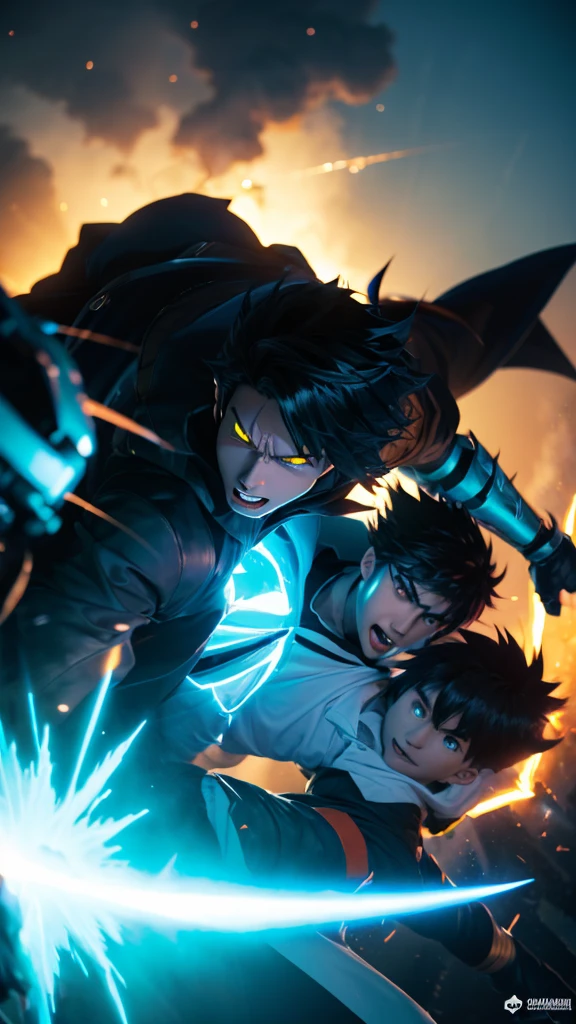 a large black monster standing next to a guy with blue wings that looks like he is a 1boy, glowing A close up of A man high, angle perspective, Wind Standing, of a Boys fighting, Sword with Lens lighting cool Blue fire, to High, a boy anime Highest style, by powerful Sword fight Effects, White with T-shirts with Color cape with Blue, in a shot hair, A mouth Facenya, Boys Black Hair, with the Yellow Eyes, in cool Realistis, a background sunset, digital style, Animation3D Lens flare 5K