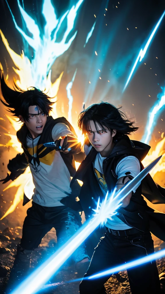 a large black monster standing next to a guy with blue wings that looks like he is a 1boy, glowing A close up of A man high, angle perspective, Wind Standing, of a Boys fighting, Sword with Lens lighting cool Blue fire, to High, a boy anime Highest style, by powerful Sword fight Effects, White with T-shirts with Color cape with Blue, in a shot hair, A mouth Facenya, Boys Black Hair, with the Yellow Eyes, in cool Realistis, a background sunset, digital style, Animation3D Lens flare 5K