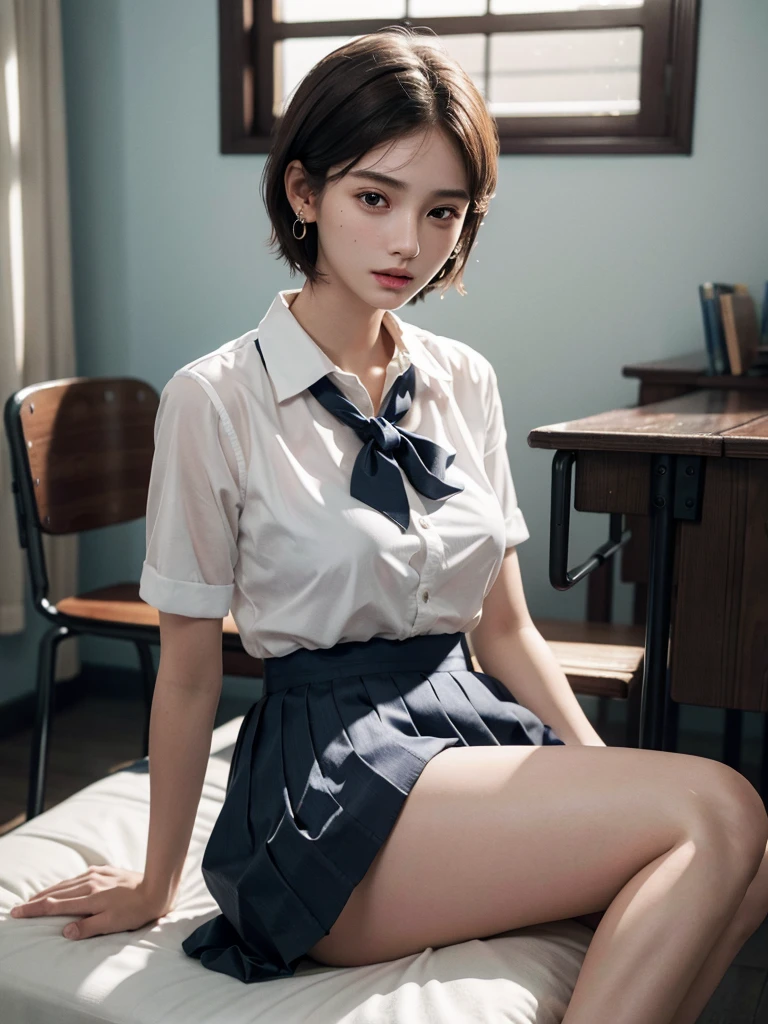 absurdres, RAW photo, extremely delicate and beautiful, masterpiece, Best Quality, ultra high resolution, 32k, hyperrealistic, ultra-detailed, perfect anatomy, anatomically correct, perfect figure, super Detailed skin, 20 years old, very small head, very small face, delicate facial features, detailed face, detailed eyes, tearful mole, earring, legs, (very huge round breasts), short medium hair, wet clothes, (school_uniform), indoor,