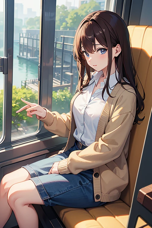 masterpiece, Highest quality, High resolution,Anime Style、Brown Hair、length、Wear a cardigan、Sit on the train