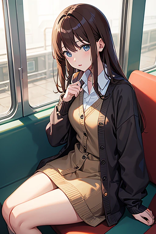 masterpiece, Highest quality, High resolution，Anime Style、Brown Hair、length、Wear a cardigan、Sit on the train