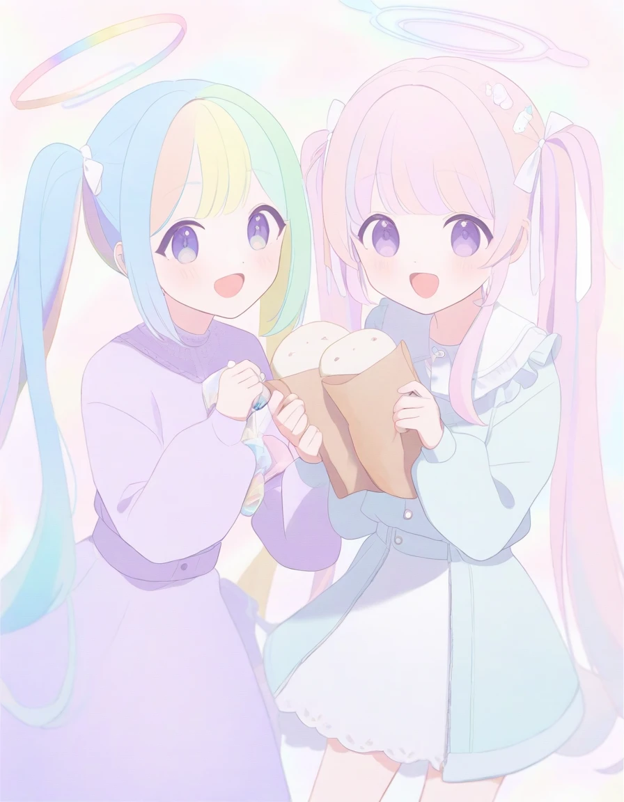 Pastel_rainbow_hair_Holding_Bread_halo_rainbow_pastel_casual_cute_outfits_Long_Twintails_hair_with_white_ribbons