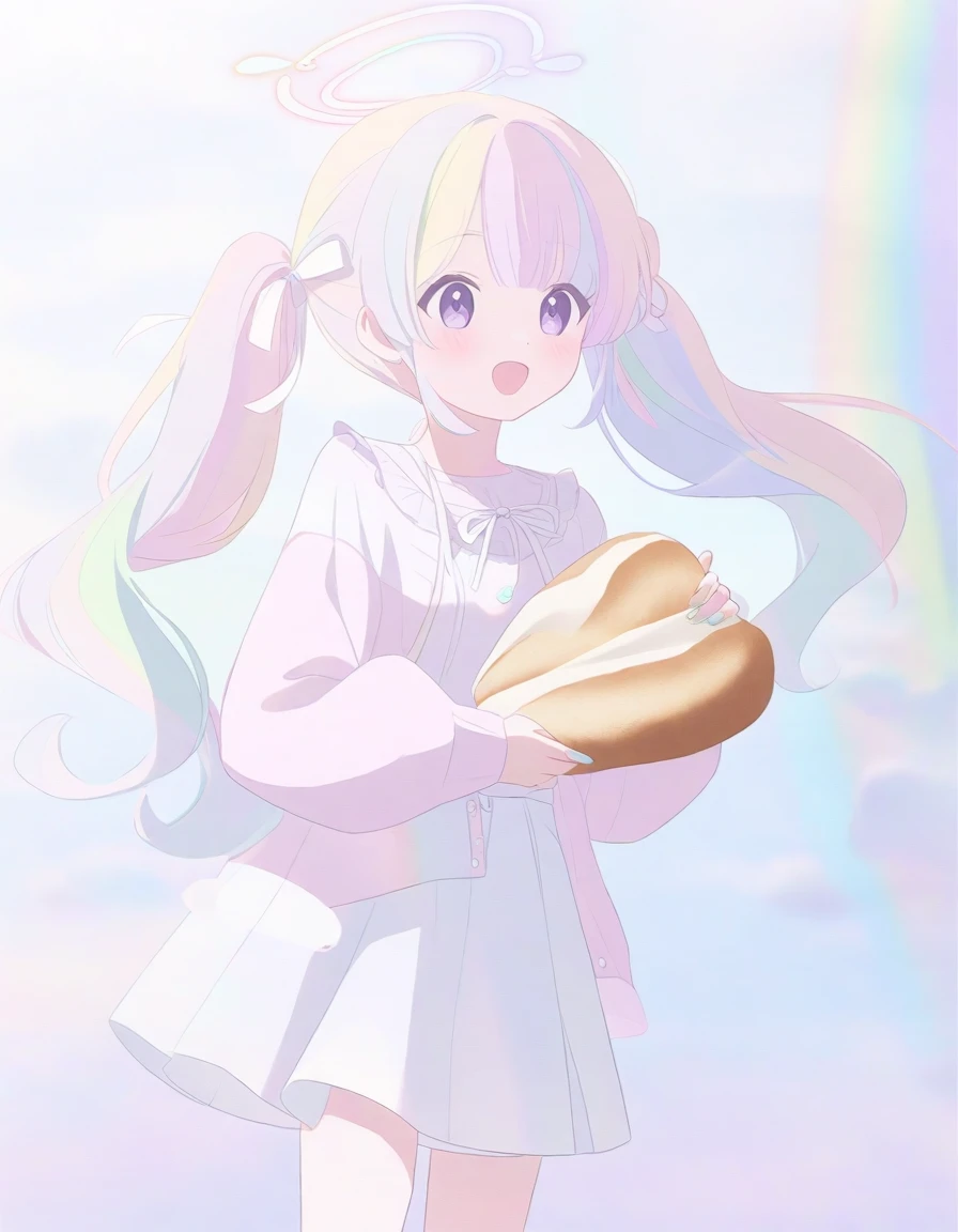 Pastel_rainbow_hair_Holding_Bread_halo_rainbow_pastel_casual_cute_outfits_Long_Twintails_hair_with_white_ribbons