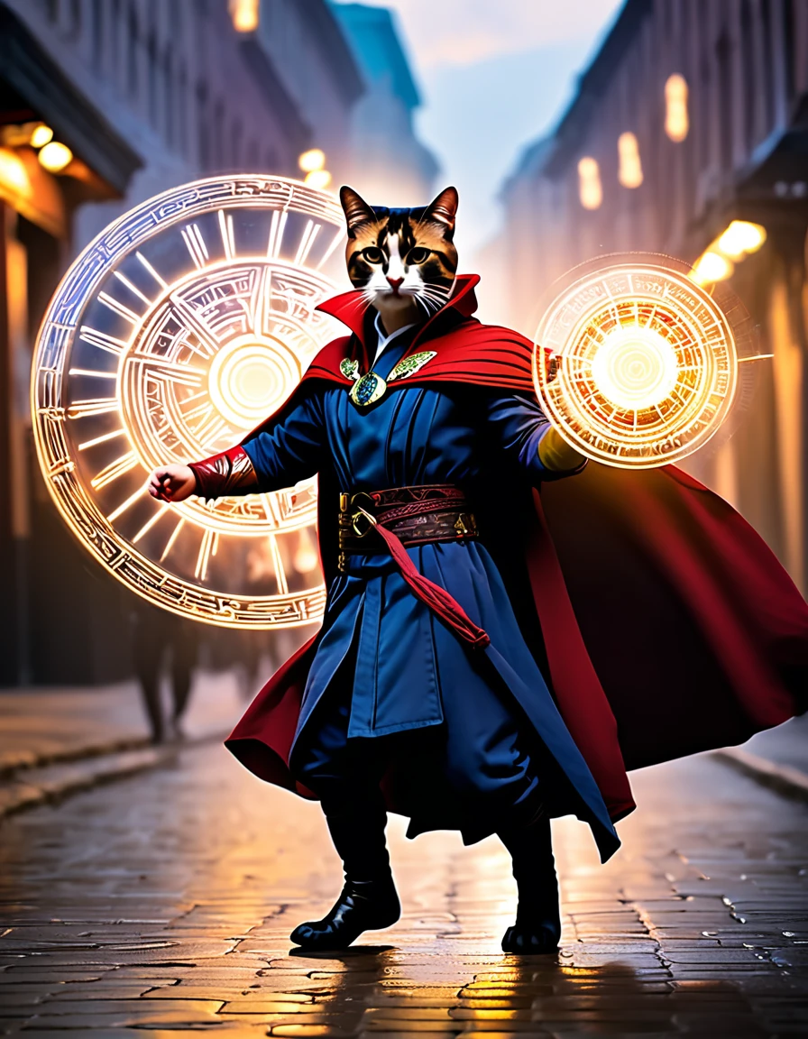 Short-legged cats, ((Doctor Strange Costume)), Spectacular sights, Dynamic Camera, Backlight, (closure:1.2), High-quality photos, Three-point lighting, Flash with softbox, 4K, Canon EOS R3, high resolution, Smooth, Clear focus, high resolution, Award-winning photos, 80 mm, F2.8, Bokeh