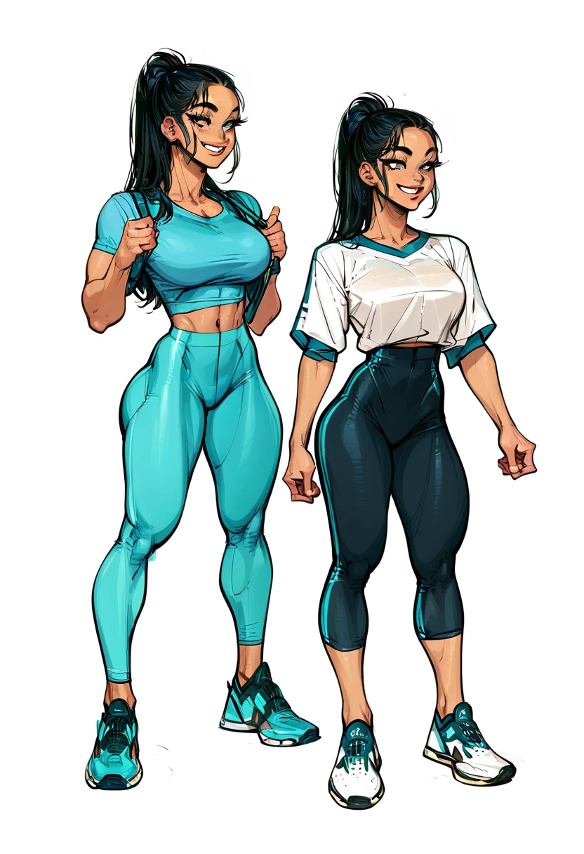 Score_9, Score_8_up, Score_7_up, 1 girl, black hair, black eyes, ponytail, curvy figure, smile, blue polo shirt, light blue yoga pants, black lace thong, sneakers, navel, large bust, front view, looking forward, standing, simple background, white background,
