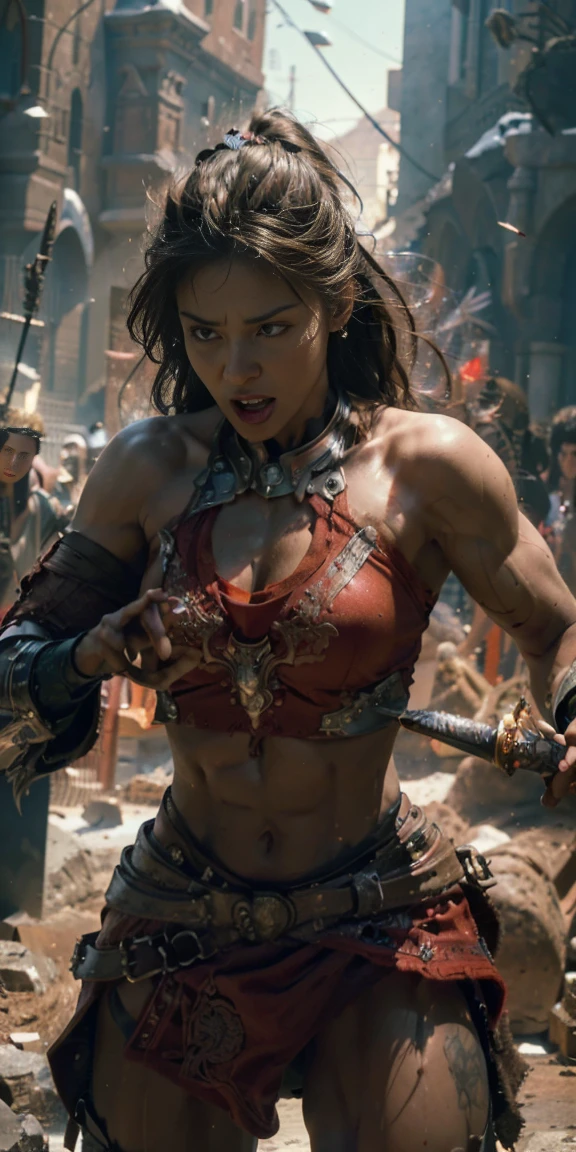 beautiful woman as spartan warrior, red cape, muscular abs, highly detailed, intricate armor, sword and shield, dramatic lighting, cinematic framing, hyper realistic, 8k, photorealistic, (best quality, 4k, 8k, highres, masterpiece:1.2), ultra-detailed, (realistic, photorealistic, photo-realistic:1.37), cinematic lighting, epic, dramatic pose, powerful, strong, fierce expression, piercing eyes, sharp features, flawless skin, chiseled physique, heroic, awe-inspiring, confident, noble, impressive, captivating