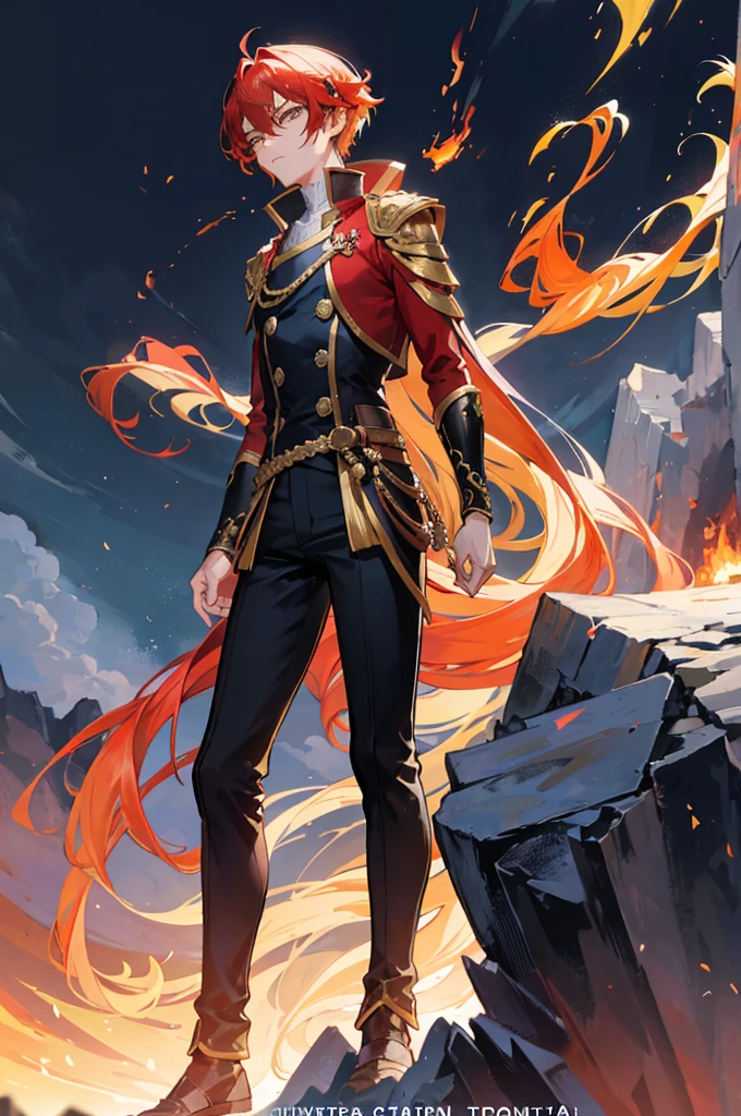 Kai stands tall and lean, with a confident posture that reflects his mastery over elemental magic. His eyes are a striking shade of amber, often glinting with the flickering flames of his fire magic. His face is good-looking.His hair is a tousled mix of fiery red and gold, reminiscent of a blazing sunset, often tied back. He carries himself with a calm demeanor, though his expressions can shift swiftly from thoughtful contemplation to fierce determination when faced with challenges. Calm intelligent, kind and mysterious male chatacter.