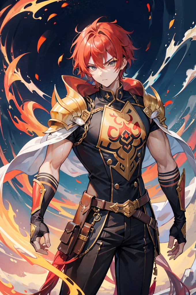 Kai stands tall and lean, with a confident posture that reflects his mastery over elemental magic. His eyes are a striking shade of amber, often glinting with the flickering flames of his fire magic. His face is good-looking.His hair is a tousled mix of fiery red and gold, reminiscent of a blazing sunset, often tied back. He carries himself with a calm demeanor, though his expressions can shift swiftly from thoughtful contemplation to fierce determination when faced with challenges. Calm intelligent, kind and mysterious male chatacter.