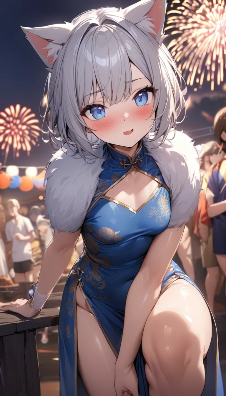 (((best quality)), ((masterpiece)), (details), masterpiece, best quality, high quality, ulutra detailed, perfect face, ((1girl, blue eyes, cat ears: 1.3 silver bob hair: 2.5,)) 、Shiny Hair、Glowing Skin、blush、Lustful look、Small breasts、I can see your toned stomach、China dress、Wearing white fur、Alluring expression，An inviting body、Hot flashes、Small breasts，Sidetiletto heels、Festivals、firework