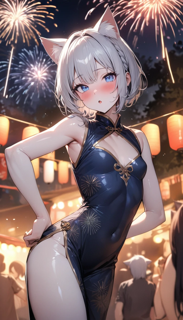 (((best quality)), ((masterpiece)), (details), masterpiece, best quality, high quality, ulutra detailed, perfect face, ((1girl, blue eyes, cat ears: 1.3 silver bob hair: 2.5,)) 、Shiny Hair、Glowing Skin、blush、Lustful look、Small breasts、I can see your toned stomach、China dress、Wearing white fur、Alluring expression,An inviting body、Hot flashes、Small breasts,Sidetiletto heels、Festivals、firework