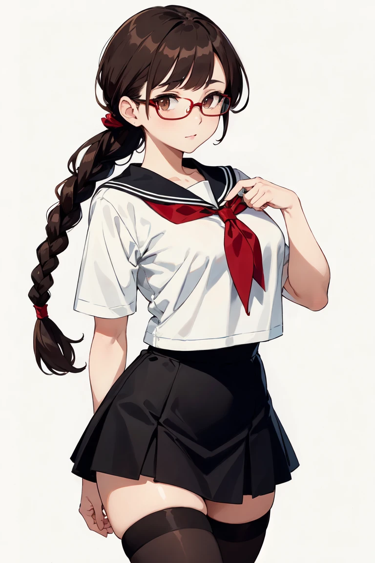 1 girl, brown hair tied back in two medium-length micro braids,Three alternating locks of her bangs are red, and she wears red semi-rimmed glasses over her brown eyes, Busty chest, traditional sailor shirt, a short black skirt, black thigh-high stockings,