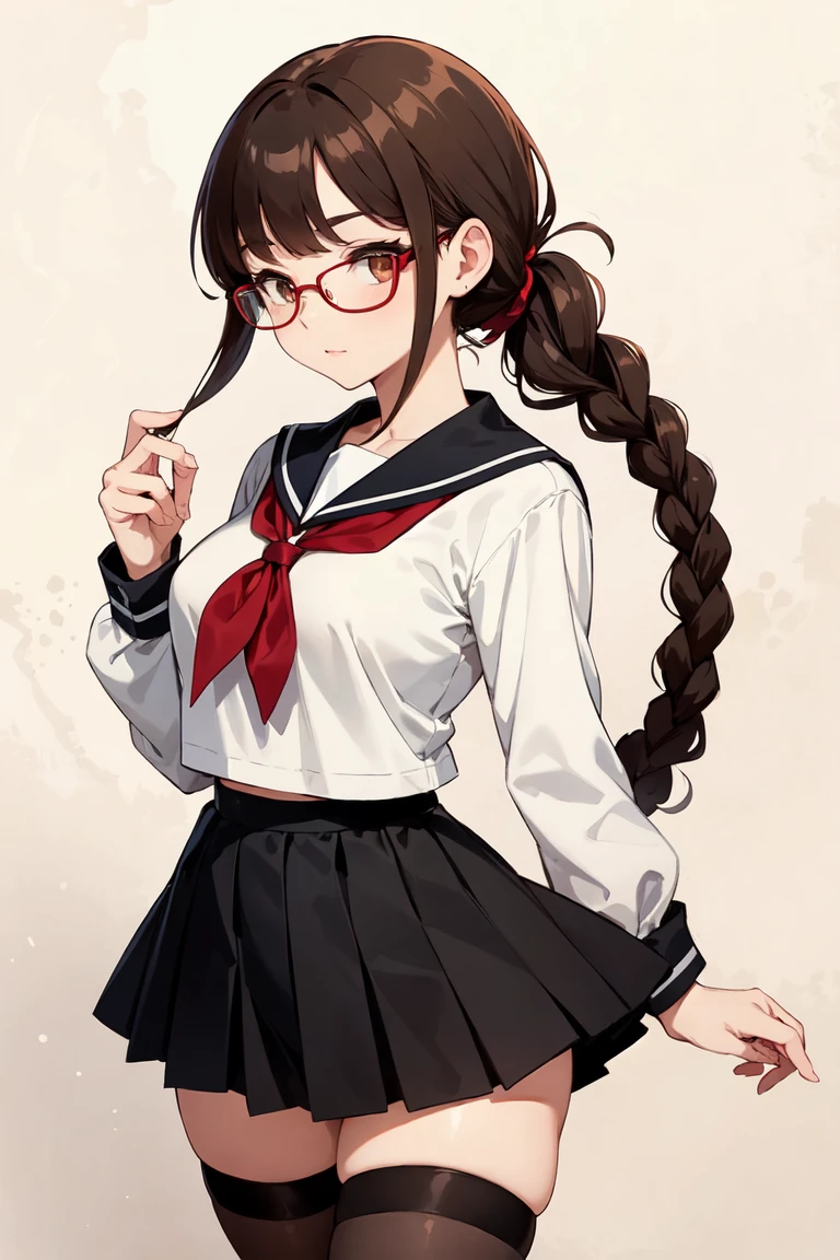 1 girl, brown hair tied back in two medium-length micro braids,Three alternating locks of her bangs are red, and she wears red semi-rimmed glasses over her brown eyes, Busty chest, traditional sailor shirt, a short black skirt, black thigh-high stockings,