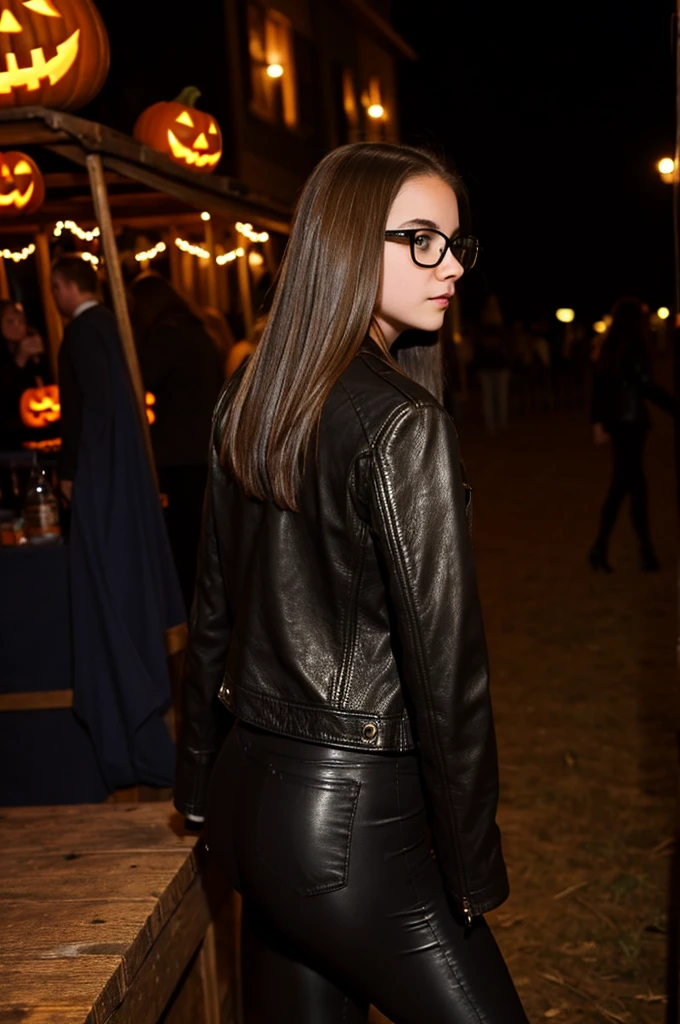 ager girl, pale, wearing glasses brown shoulder length brown straight hair, black leather jacket, black leather leggings, black heels, halloween night on the hayride low angle backside view