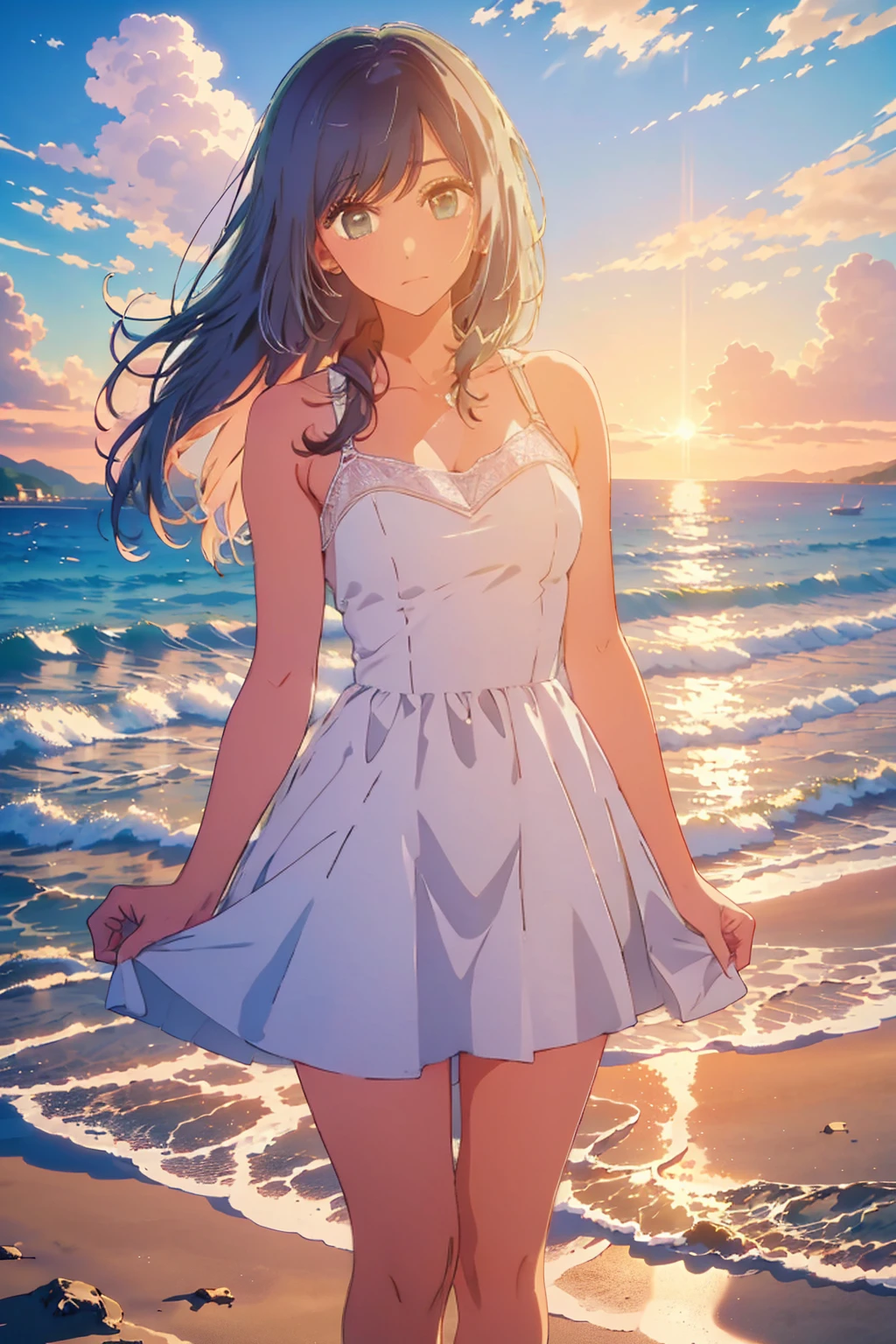 (Highest quality:1.4、masterpiece:1.4、Super detailed:1.4、8k:1.4)、Young woman standing on the beach at sunset。The sun's warm light bathes the entire scene.。Her long flowing hair was decorated with white flowers、She is wearing a delicate white dress that flutters in the breeze.。The dress has intricate lace detailing and a fitted bodice。Her expression is calm and satisfied、Gazing towards the horizon。The beach and ocean are beautifully illuminated in golden hues.、The waves are gently pulling against the shore。The light reflections and bokeh effects create a dreamy atmosphere.。The overall mood is peaceful and romantic.、Capturing moments of quiet reflection and natural beauty。