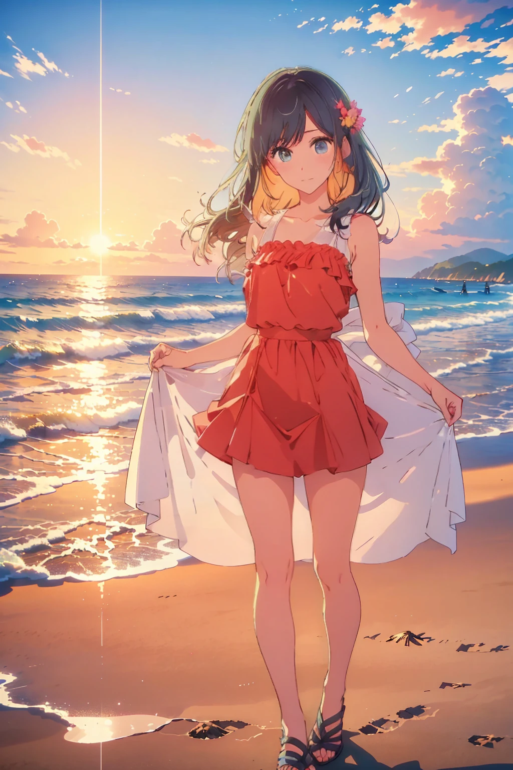 (Highest quality:1.4、masterpiece:1.4、Super detailed:1.4、8k:1.4)、Young woman standing on the beach at sunset。The sun's warm light bathes the entire scene.。Her long flowing hair was decorated with white flowers、She is wearing a delicate white dress that flutters in the breeze.。The dress has intricate lace detailing and a fitted bodice。Her expression is calm and satisfied、Gazing towards the horizon。The beach and ocean are beautifully illuminated in golden hues.、The waves are gently pulling against the shore。The light reflections and bokeh effects create a dreamy atmosphere.。The overall mood is peaceful and romantic.、Capturing moments of quiet reflection and natural beauty。