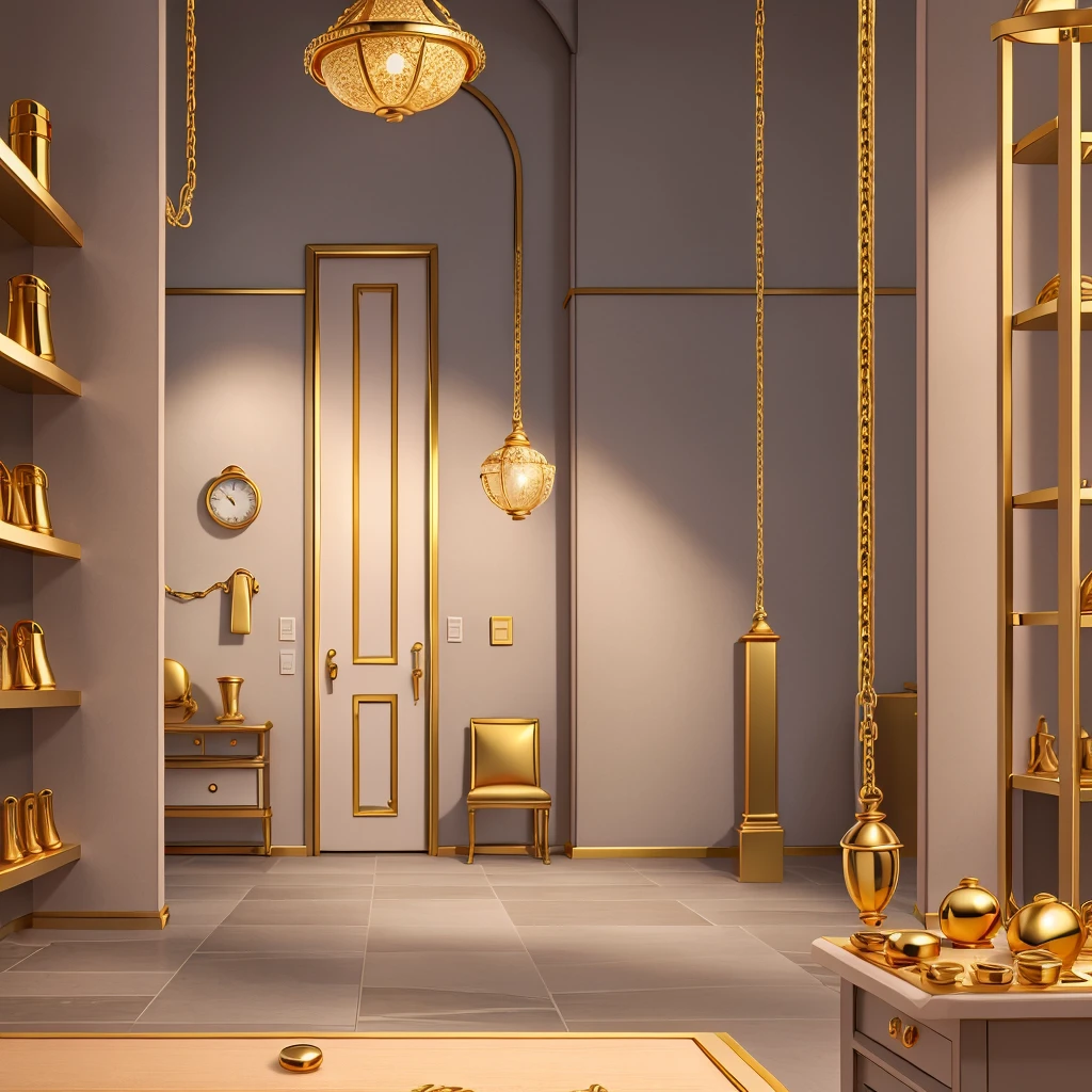 Drawing of inside a jewelry store with gray walls with gold watches some gold chain silver chain and a counter
