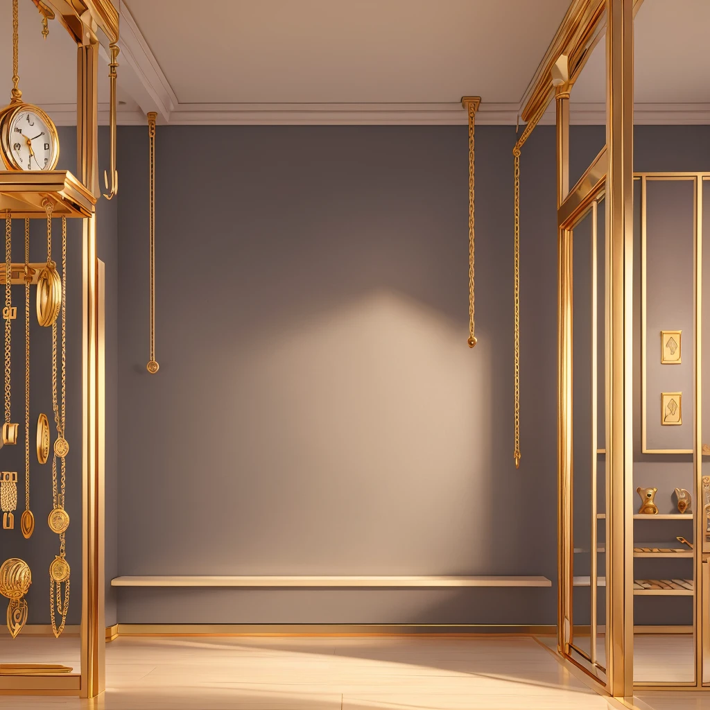 Drawing of inside a jewelry store with gray walls with gold watches some gold chain silver chain and a counter