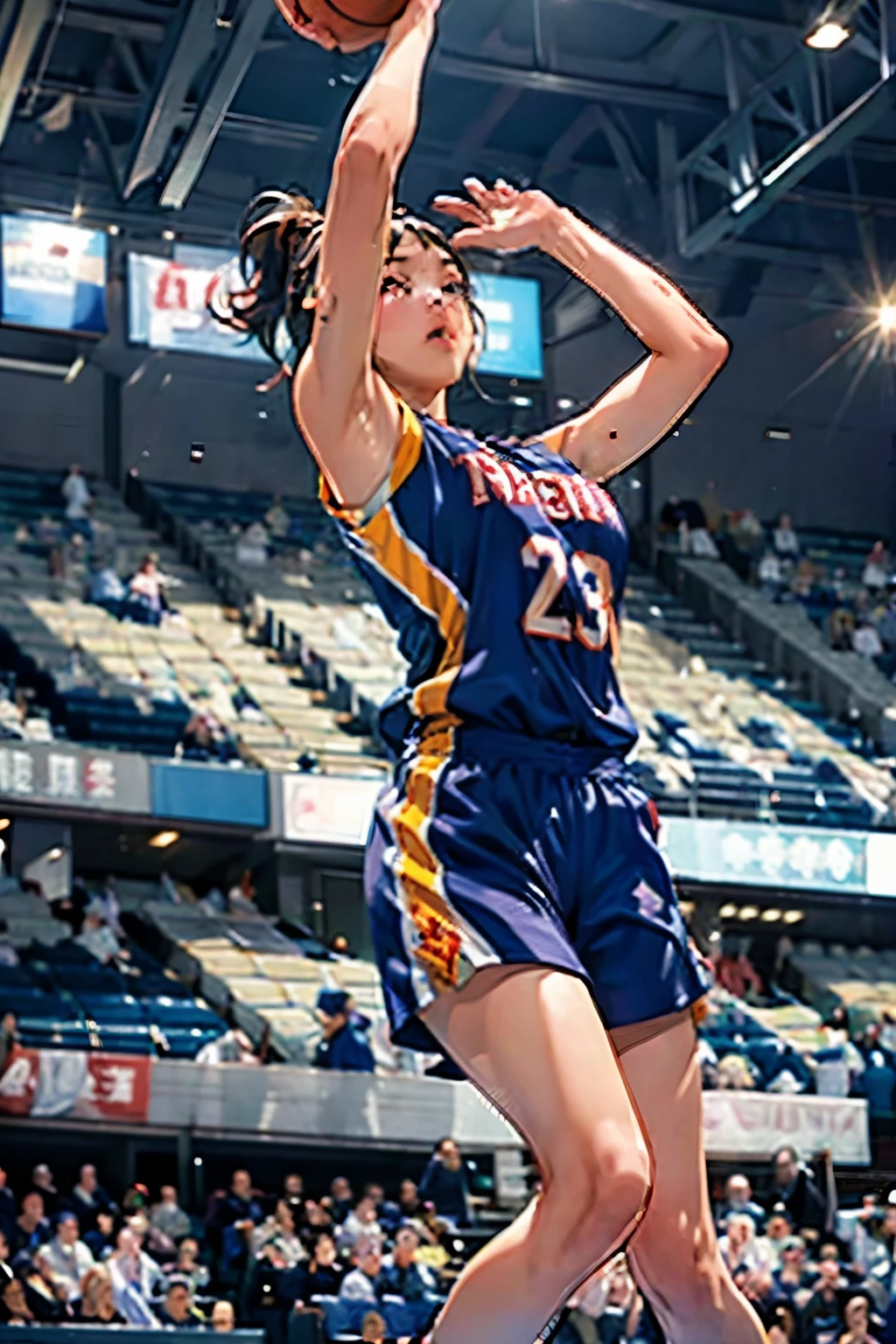 ((Female Basketball Player))、Young and beautiful girl、美しい顔のdetailedな描写、alone、(scence of slam dunk:1.4)、(Dunk Shot:1.4)、(Jumping Chute:1.4)、(Goal Post)、Close-up、Motion Blur、Dynamic Angle、stadium lighting、Blur the background、8Kdetailed、(detailed、masterpiece、Highest quality)、