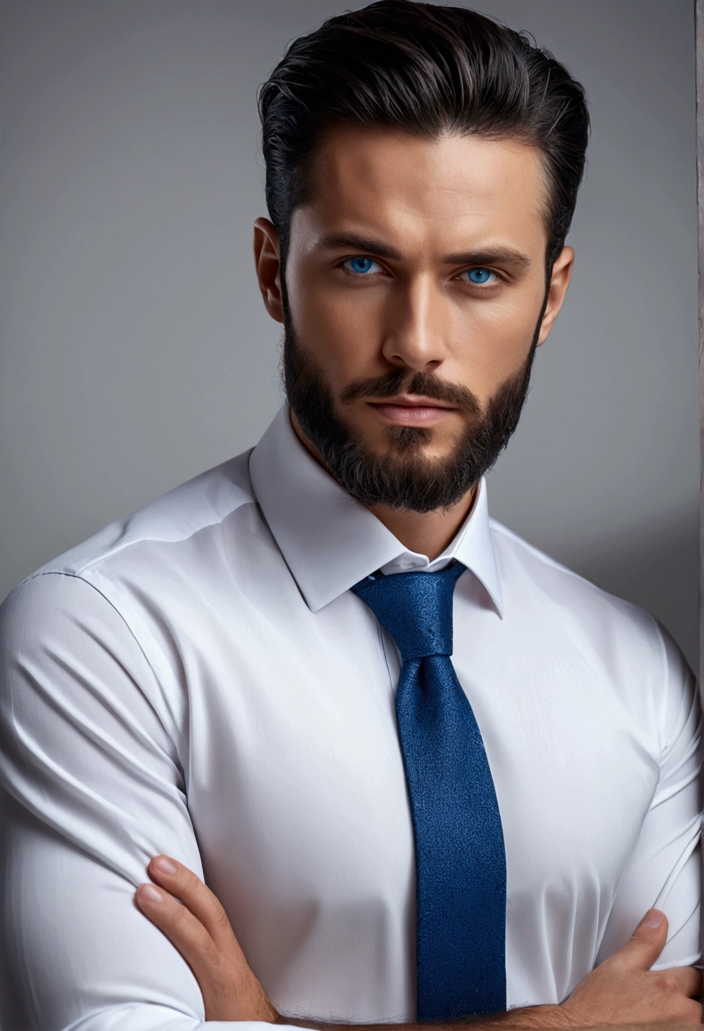 (professional man in elegant clothes), (sem beard,) (blue colored eyes) (portraite) Beautiful and serious appearance, Dark Blue Hair, elegant and elegant, and strong body very formal white shirt, (high quality and realistic image), ((best qualityer, 8k, work of art).