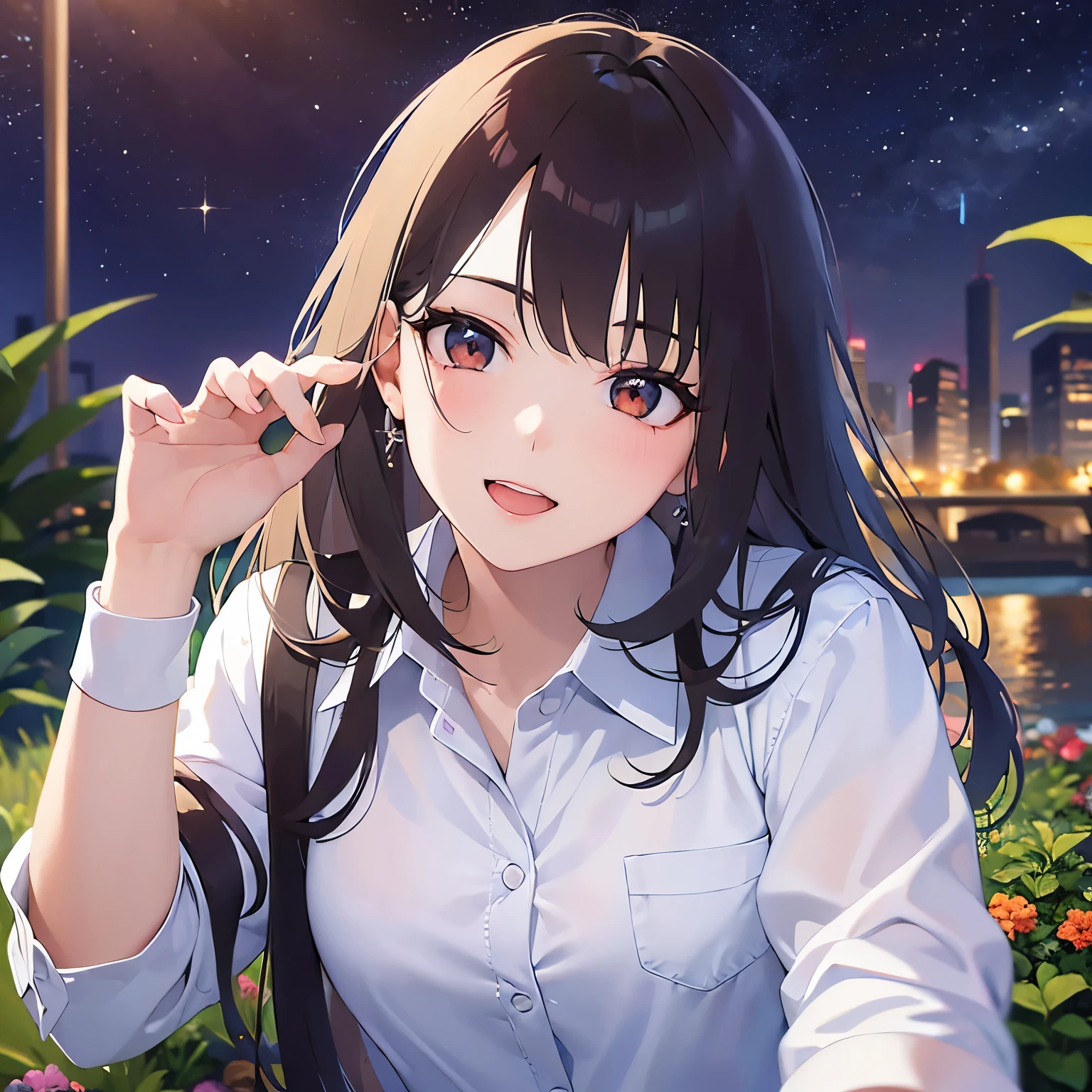 lookin at viewer,upper Body, head tilt、
Realistic, real person, (pale skin: 1.2), RAW photo, photorealistic, shiny skin, shiny hair、
(A 25-year-old woman with bob hair and bangs:1.5) and (wavy hair) and (brown hair) and (Orange Eyes)、(business suit)and (Wearing a white collared shirt)、
open mouth,happy smile,(Night Sky:1.5)、garden