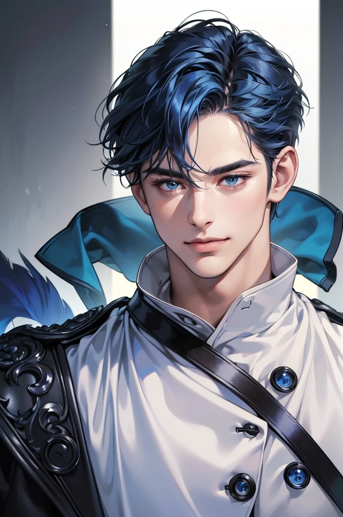 (best quality,4k,8k,highres,masterpiece:1.2),ultra-detailed,(realistic,photorealistic,photo-realistic:1.37),30 year old man,handsome anime,portraits,strong,masculine,dark blue hair,sharp jawline,mesmerizing eyes,perfectly styled hair,short hair, cool anime outfit,confident expression,vibrant colors,dynamic lighting,smile lips