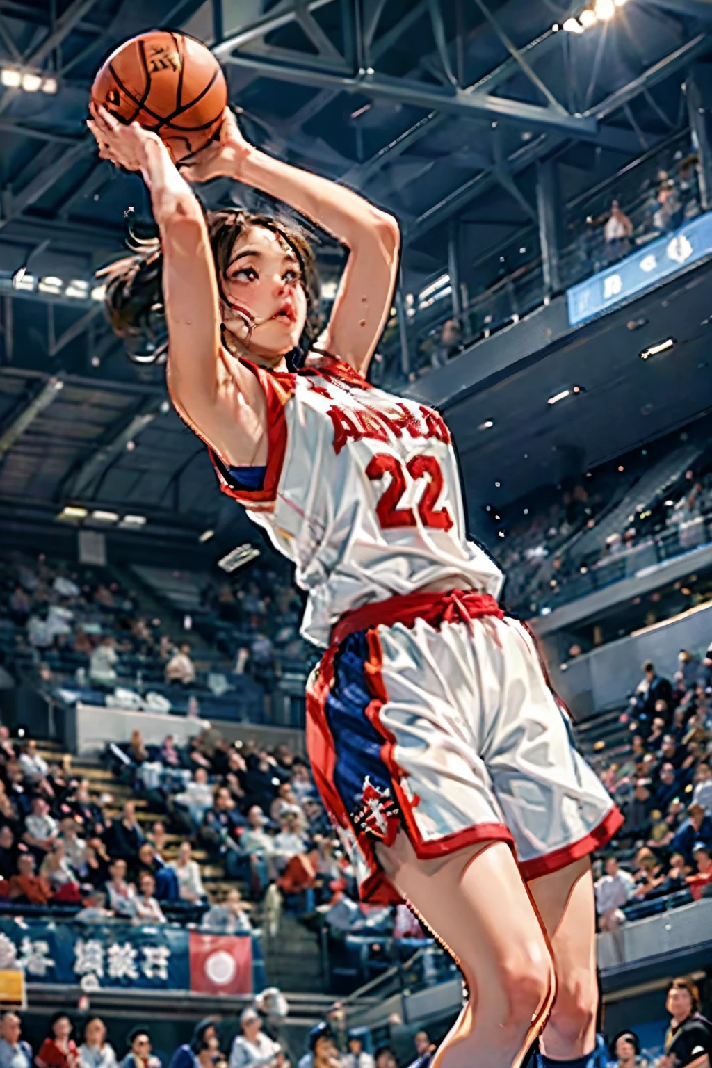 ((Female Basketball Player))、Young and beautiful girl、美しい顔のdetailedな描写、alone、(scence of slam dunk:1.4)、(Dunk Shot:1.4)、(Jumping Chute:1.4)、(Goal Post)、Close-up、Motion Blur、Dynamic Angle、stadium lighting、Blur the background、8Kdetailed、(detailed、masterpiece、Highest quality)、