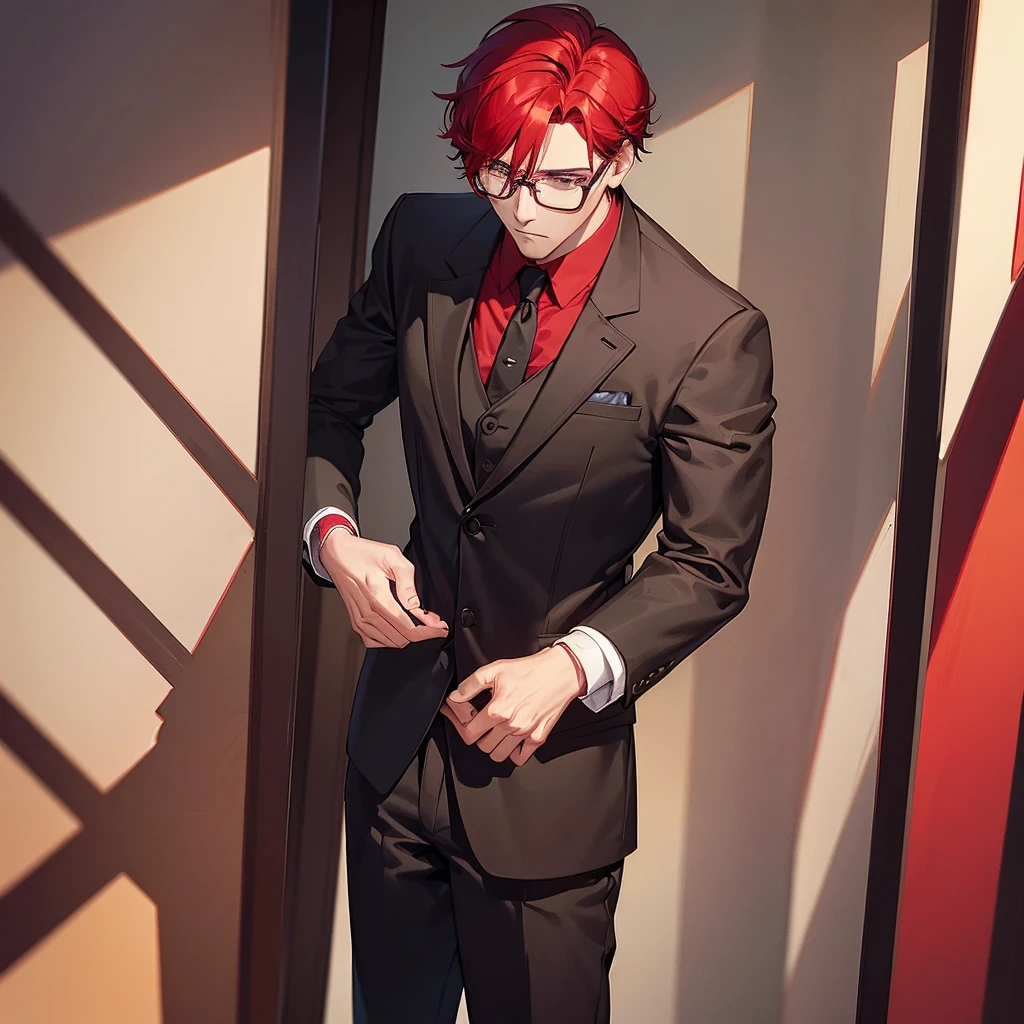 A man with a two-block hairstyle, red hair, wearing black framed glasses with black dark lenses, wearing a red suit, red pants, standing alone, red jacket, white shirt, red tide