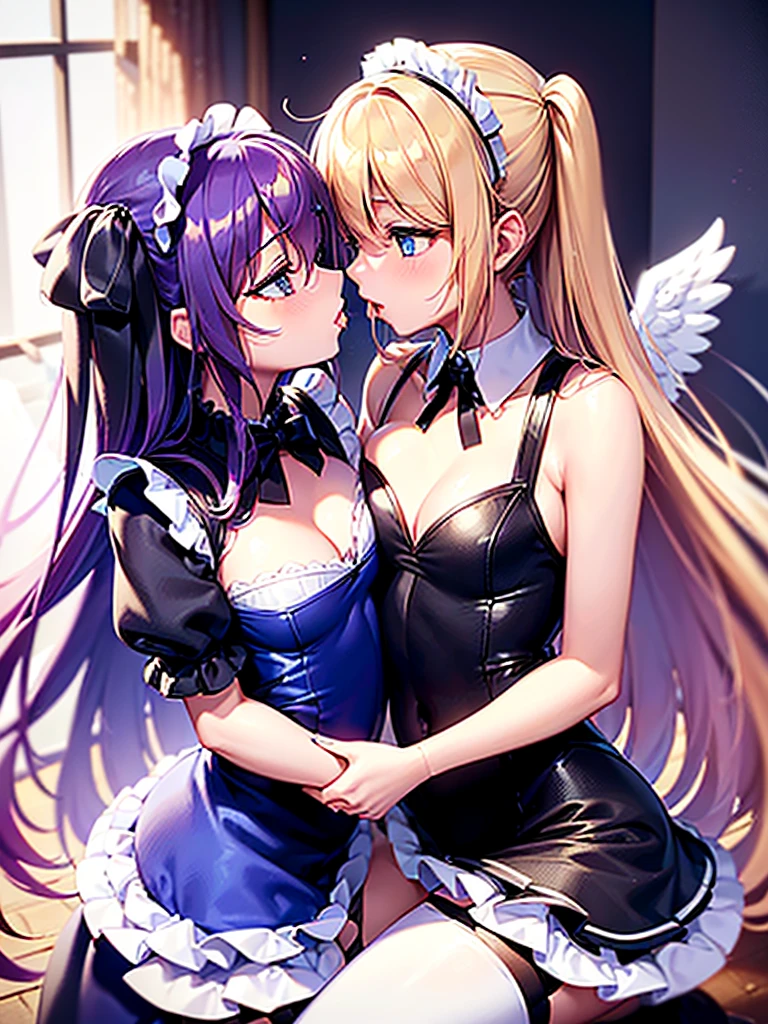 Highest quality,Highest Resolution,(((A beautiful girl with blue eyes and blonde hair in a maid leotard and white angel wings on her back)))and(((A beautiful girl with red eyes, purple hair, and black angel wings on her back in a gothic lolita leotard)))They are having sex while kissing in the sitting position,saliva,(((Halo))),smile,Frills,Knee-high stockings,A distant view,