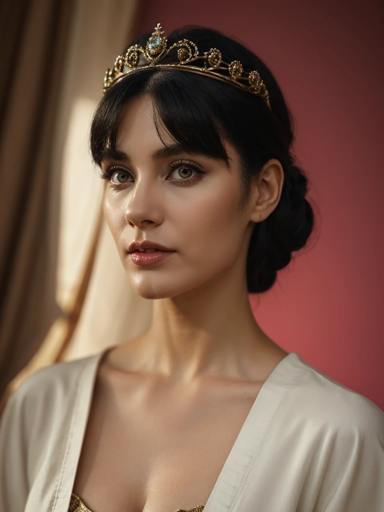 Best quality, masterpiece, ultra high res, (photorealistic:1.5), raw photo, 1 mature Ancient European Orthodox girl, white kimono, in the dark, deep shadow, low key, cold light, sexy look, black hair with Byzantium style Empress crown (((black hair))), bright eyes, yin sanpaku eyes, eyeshadow, (((plain red background))), cinematic studio lighting