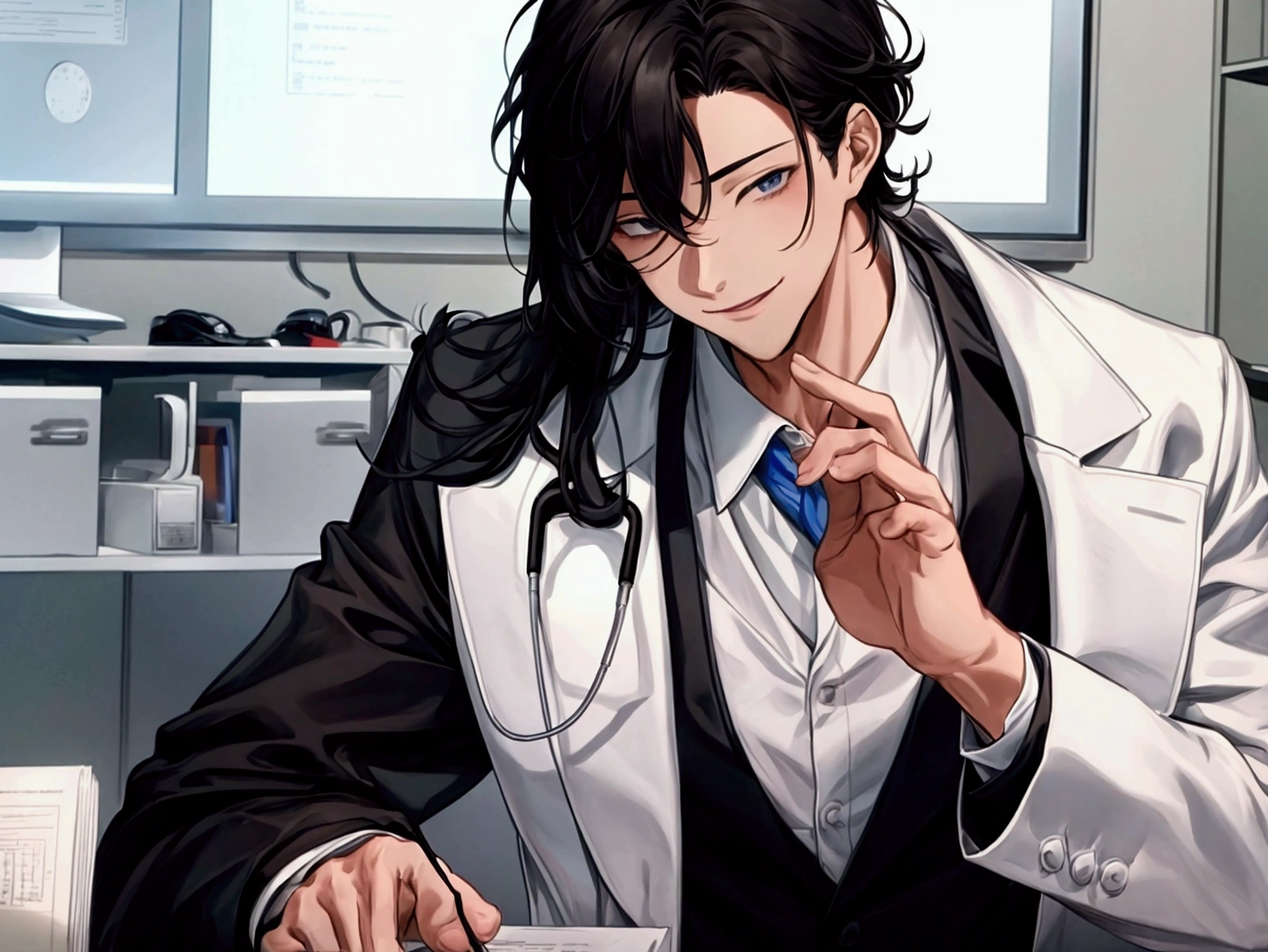 masterpiece,Dynamic Angle,Face close-up,masterpiece,30 year old mature male doctor，Horny,smile,One person、excited,transformation,Black Hair,Slightly longer hair, Scientist,Wear a white coat as a doctor&#39;s outfit，（White Undershirt 1.5）,Background Research Room,Scientistの部屋