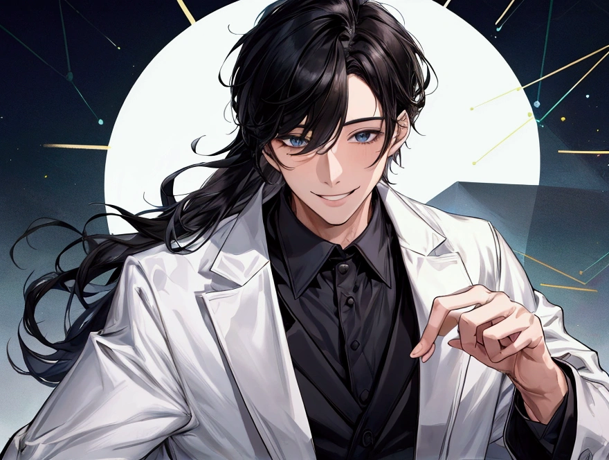 masterpiece,Dynamic Angle,Face close-up,masterpiece,30 year old mature male doctor,Horny,smile,One person、excited,transformation,Black Hair,Slightly longer hair, Scientist,Wear a white coat as a doctor's outfit,(White Undershirt 1.5),Background Research Room,Scientistの部屋