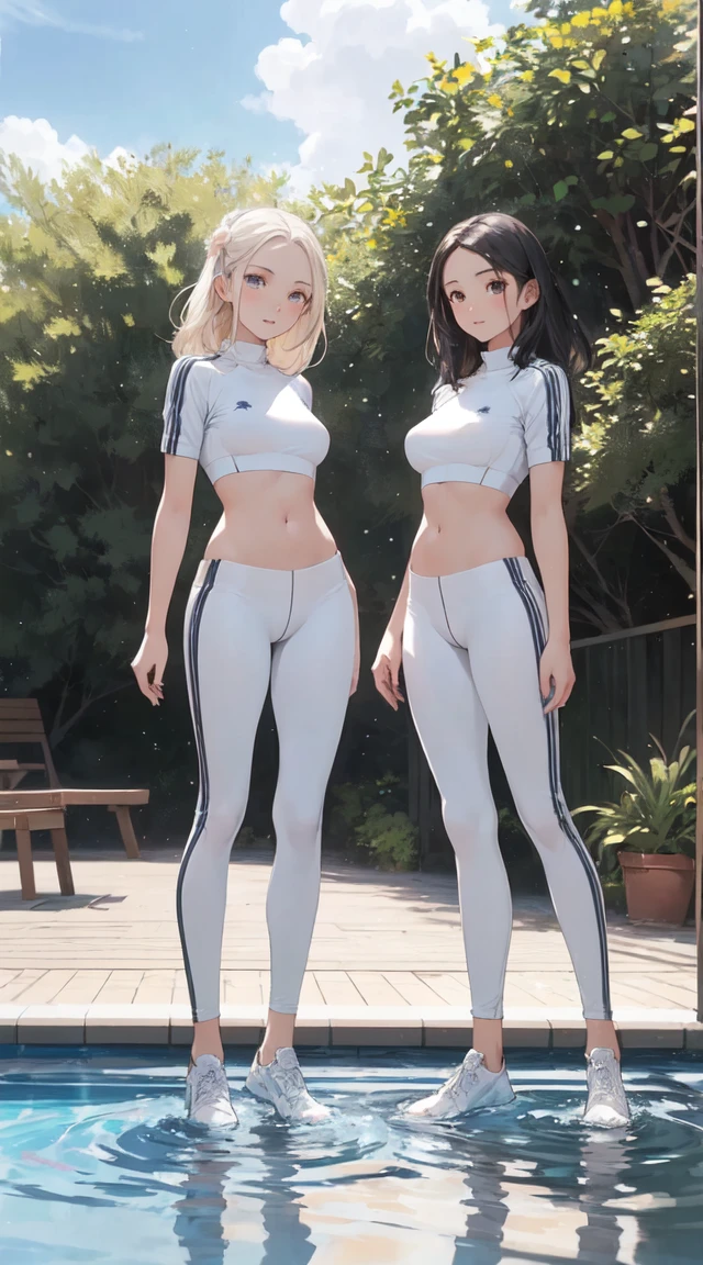 (tmasterpiece:1.3), quality, quality, Delicate and beautiful:1.2, ((3 girls)), pools of water, track suit，upper legs
(The three girls have perfect figureirm, beautiful shape, long slim figure)),(upperbody shot:1.1), (seen from the front:1.3), (looking at viewert),